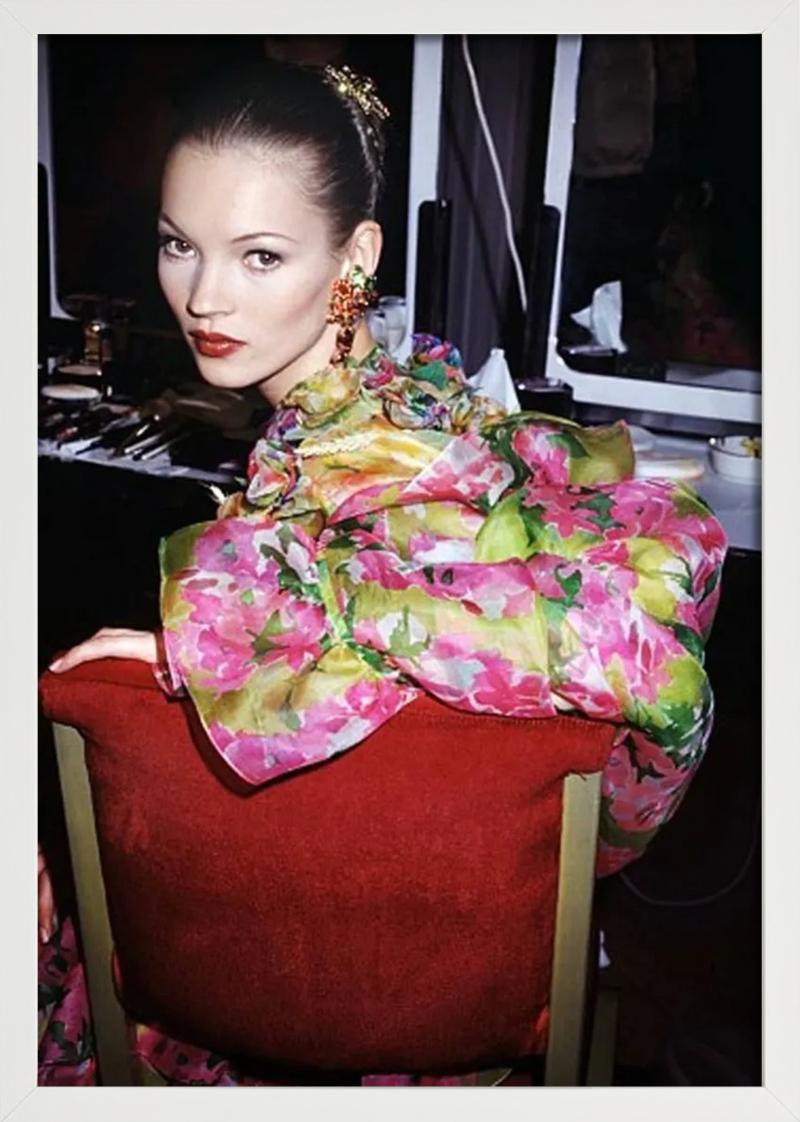 Kate Moss Backstage at YSL, Paris - Model in florals, fine art photography, 1993 - Contemporary Photograph by Roxanne Lowit