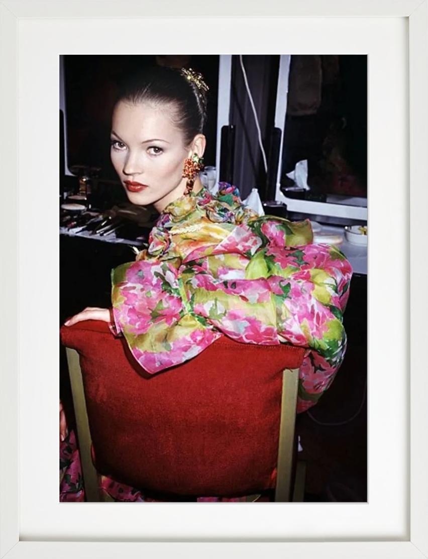 Kate Moss Backstage at YSL, Paris - Model in florals, fine art photography, 1993 - Black Color Photograph by Roxanne Lowit