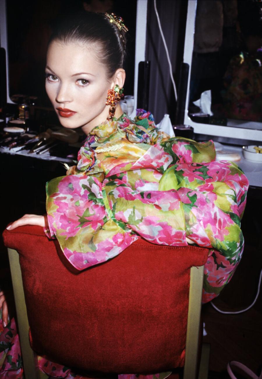 Roxanne Lowit Color Photograph - Kate Moss Backstage at YSL, Paris - Model in florals, fine art photography, 1993