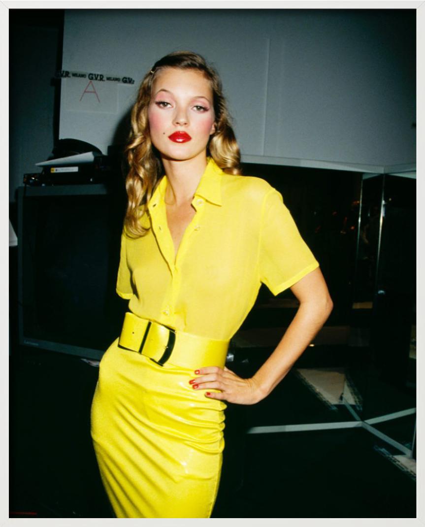 Kate Moss, in a Yellow dress looking at the Camera, Fine Art Photography For Sale 7