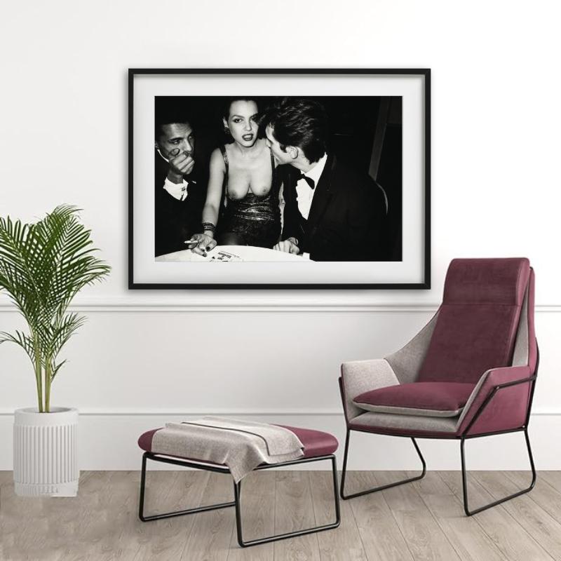 Martine Boutron flanked by her husband and friend, Le Privilege, Paris - Black Black and White Photograph by Roxanne Lowit
