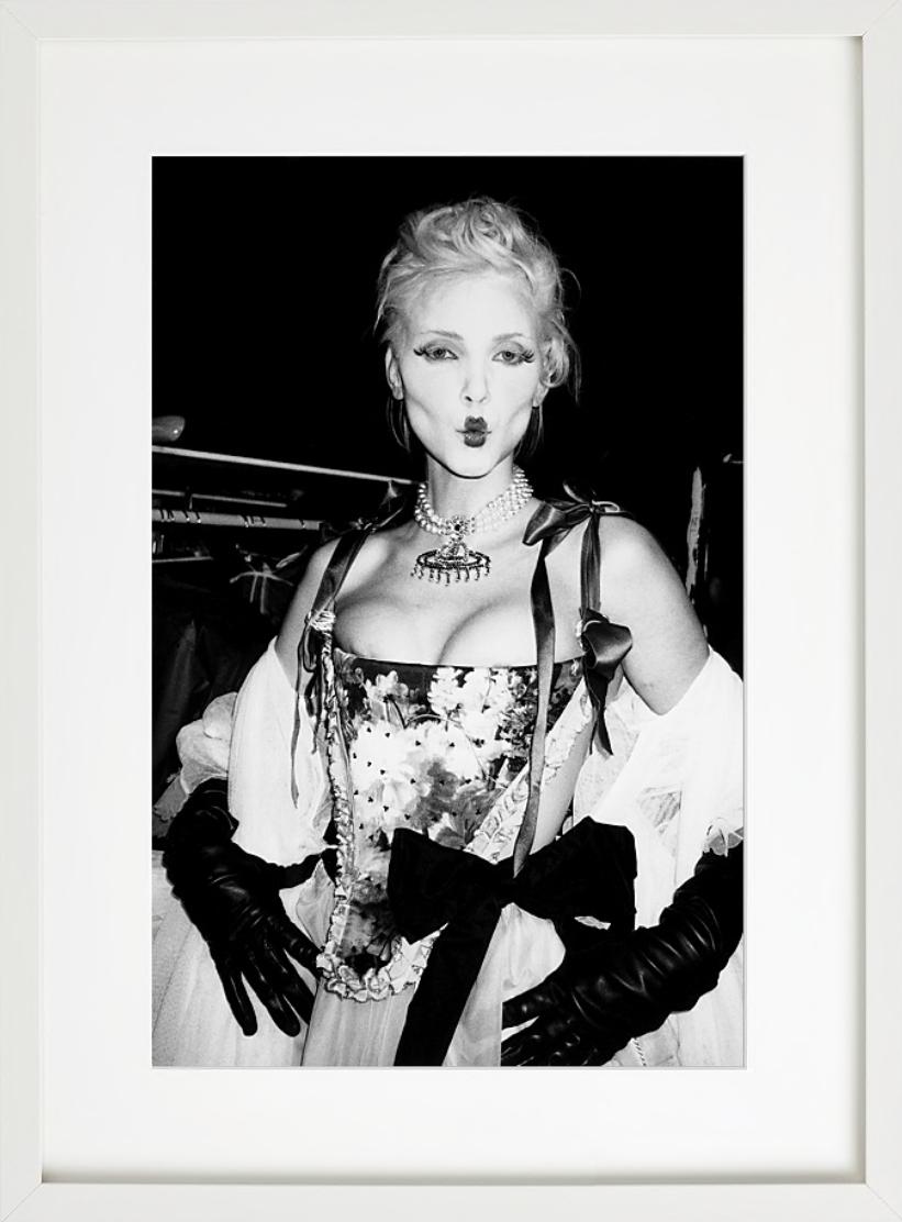 Vivienne Westwood, Paris - Nadja Auermann backstage, fine art photography, 1995 - Black Black and White Photograph by Roxanne Lowit
