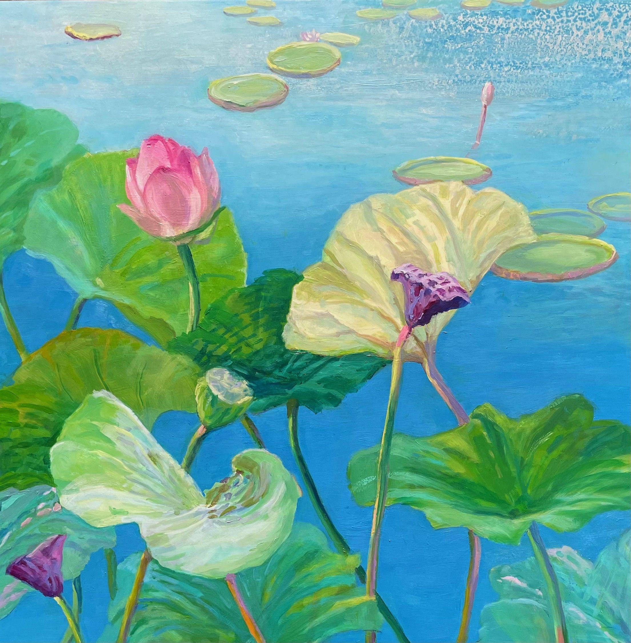 This is a studio painting inspired by a visit to the New York Botanical Garden display of Lotus Flowers. :: Painting :: Contemporary :: This piece comes with an official certificate of authenticity signed by the artist :: Ready to Hang: No ::