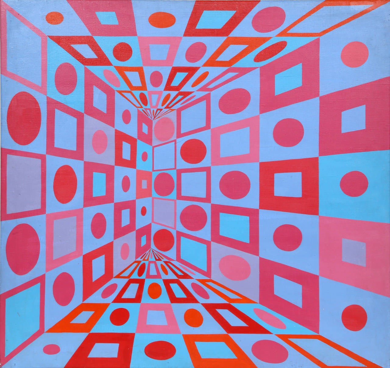 Ein Acrylgemälde von Roy Ahlgren aus der Zeit um 1970. Ein geometrisches, abstraktes Gemälde mit hellen, kontrastreichen Farbblöcken in einer modernen Form. Verso signiert, ungerahmt. 

Künstler: Roy Ahlgren, Amerikaner (1927 - 2011)
Titel: