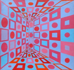 Variazioni rosso-blu, OP Art Painting di Roy Ahlgren