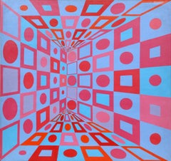 Vintage Red Blue Variations, OP Art Painting by Roy Ahlgren