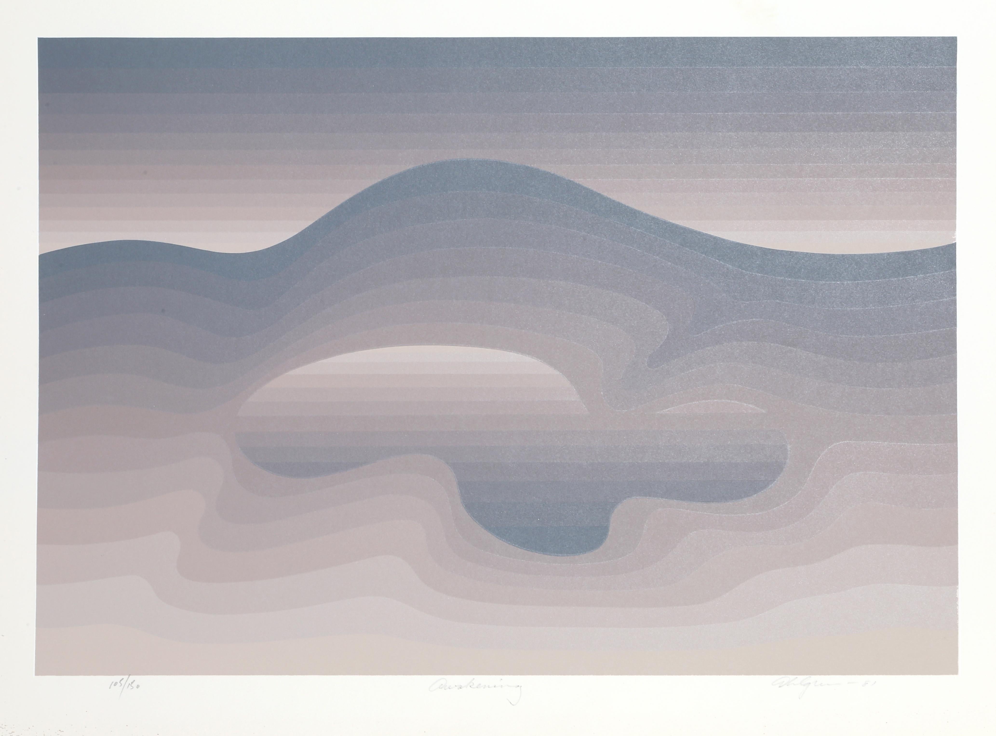 Artist: Roy Ahlgren, American (1927 - 2011)
Title: Awakening
Year: 1981
Medium: Serigraph, signed and numbered in pencil
Edition: 150
Image Size: 18 x 25.5 inches
Size: 22.5 x 30 in. (57.15 x 76.2 cm)