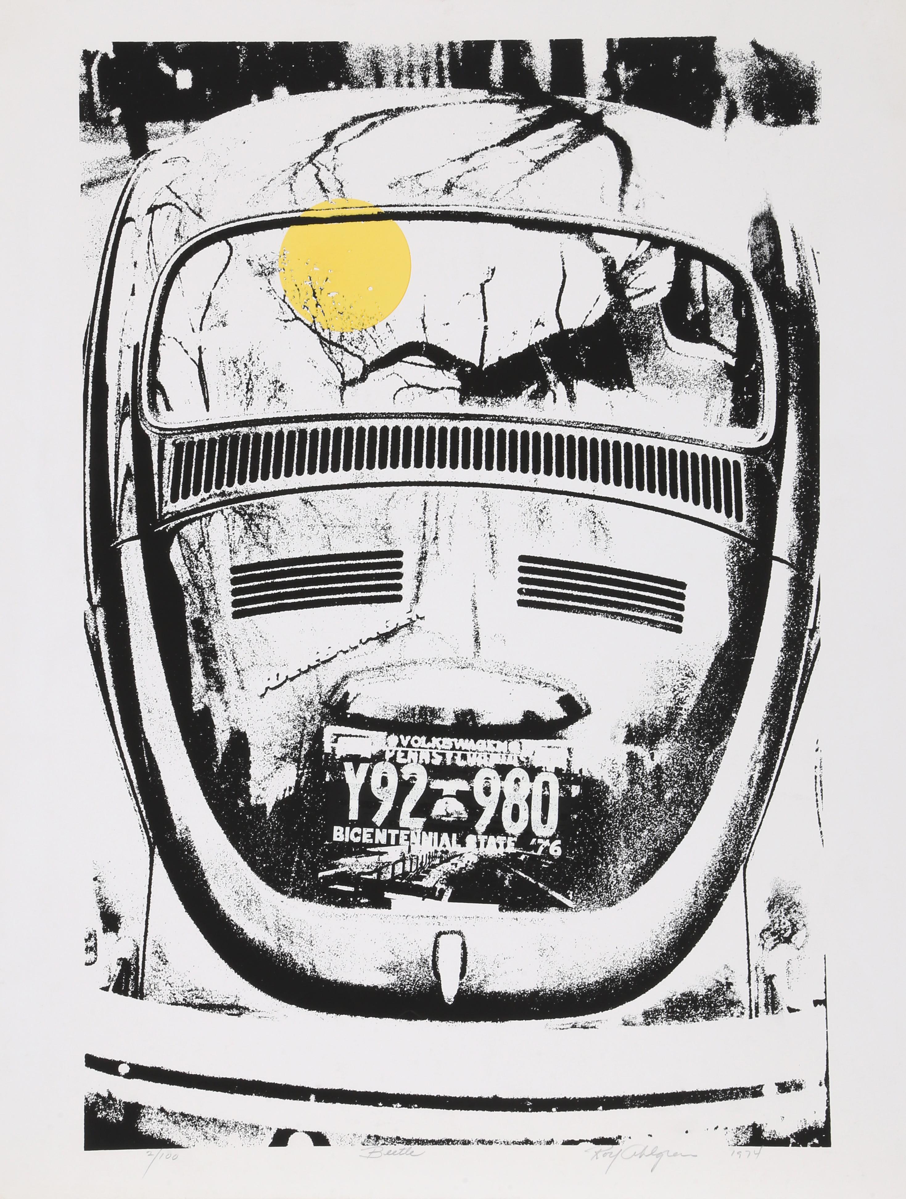 Artist: Roy Ahlgren, American (1927 - 2011)
Title: Beetle
Year: 1974
Medium: Silkscreen, signed and numbered in pencil
Edition: 2/100
Image Size: 24 x 16 inches
Size: 26 x 20 inches