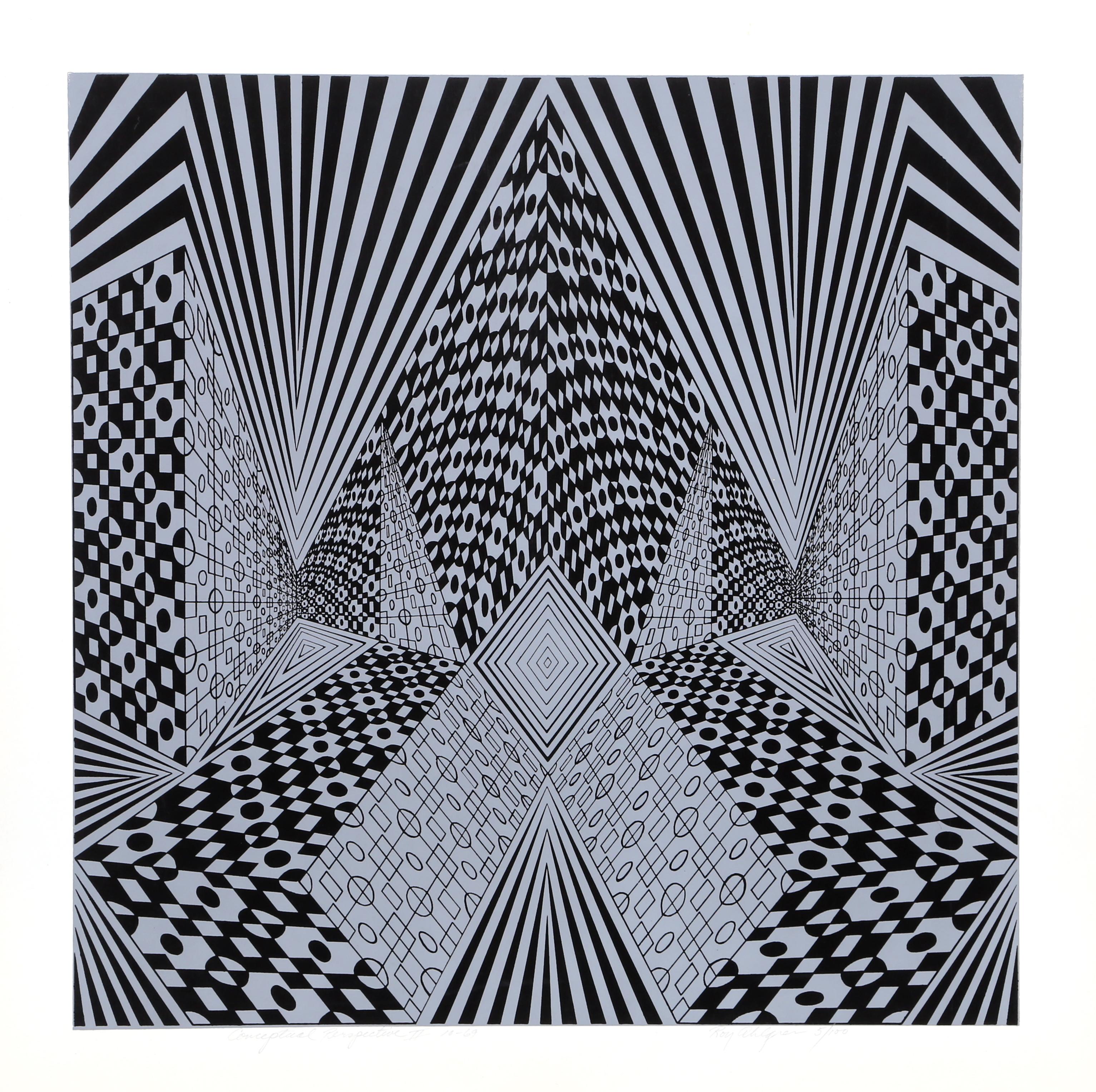 Artista: Roy Ahlgren, americano (1927 - 2011)
Titolo: Prospettiva concettuale II
Anno: 1969
Medio: Serigrafia, firmata e numerata a matita
Edizione: 100
Dimensioni dell'immagine: 17 x 17 pollici
Dimensioni: 20 x 20 pollici (50,8 x 50,8 cm)