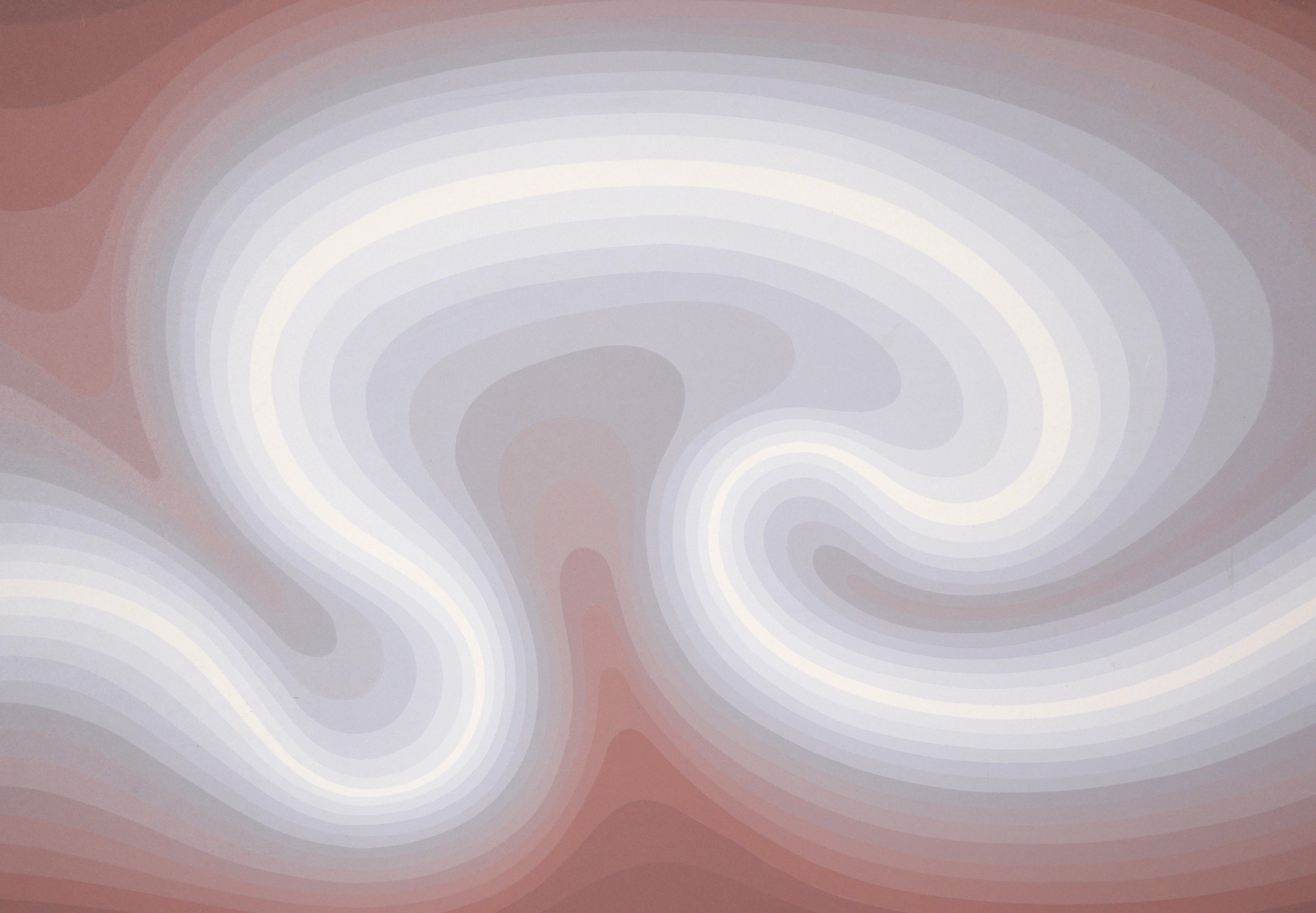 Beautiful multi color serigraph by Roy Ahlgren (American, 1927-2011). This piece transitions from a dark magenta to a silvery blue, passing through warm grey shades in between. The shape is a swirl that has doubled back on itself, appearing