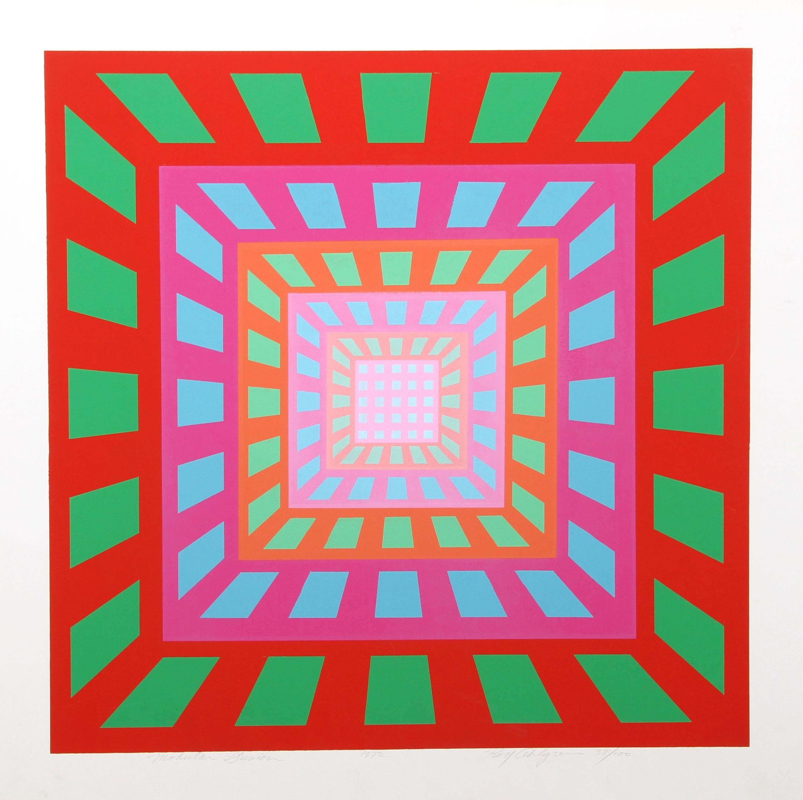 Artist: Roy Ahlgren, American (1927 - 2011)
Title: Modular Fusion
Year: 1972
Medium: Silkscreen, Signed and numbered in pencil
Edition: 38/100
Image Size: 17 x 17 inches
Size: 20 x 20 in. (50.8 x 50.8 cm)