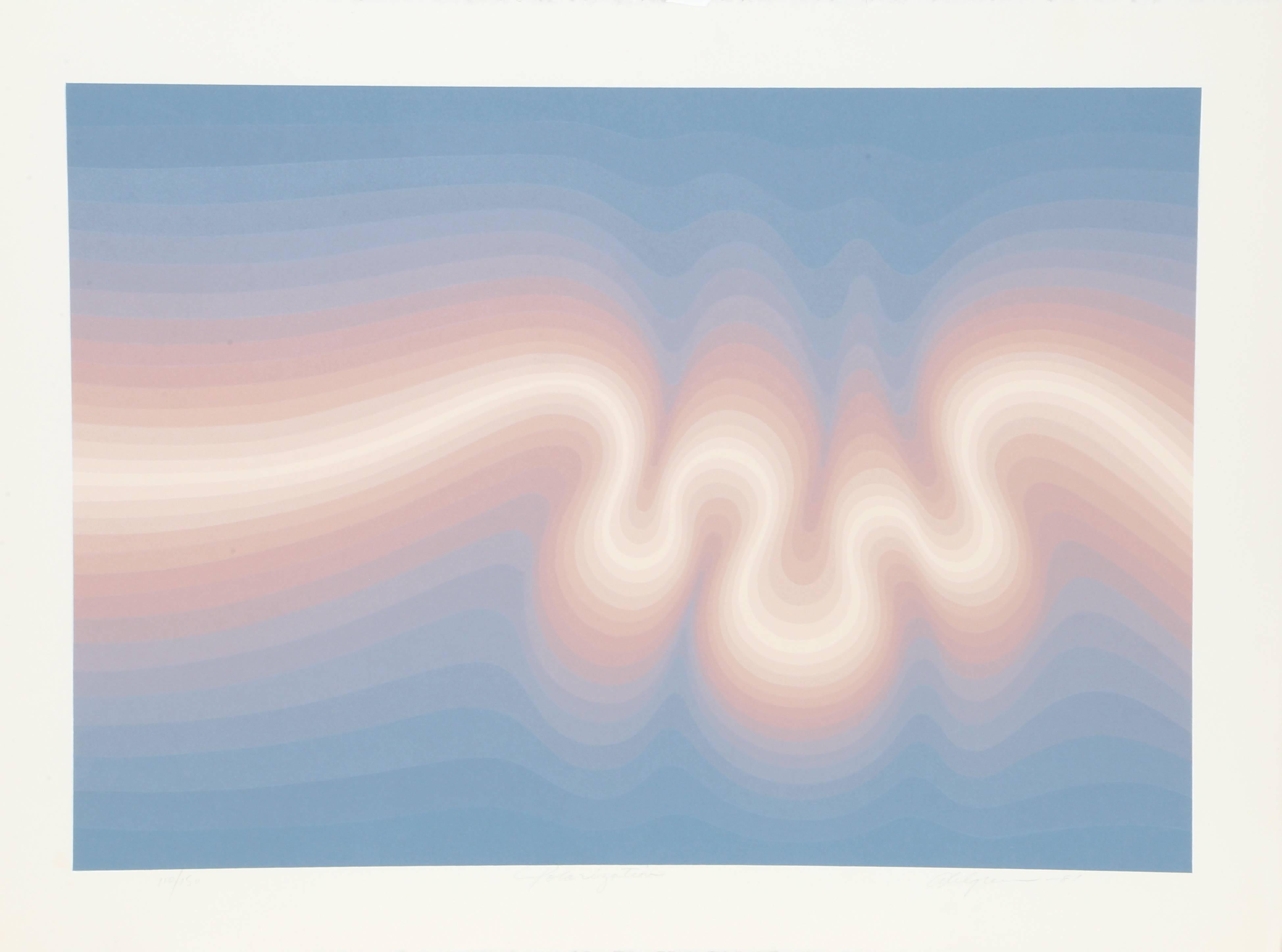 Artist: Roy Ahlgren, American (1927 - 2011)
Title: Polarization
Year: 1981
Medium: Screenprint, signed and numbered in pencil
Edition: 150
Image Size: 18 x 25 inches
Size: 22 x 29.5 in. (55.88 x 74.93 cm)