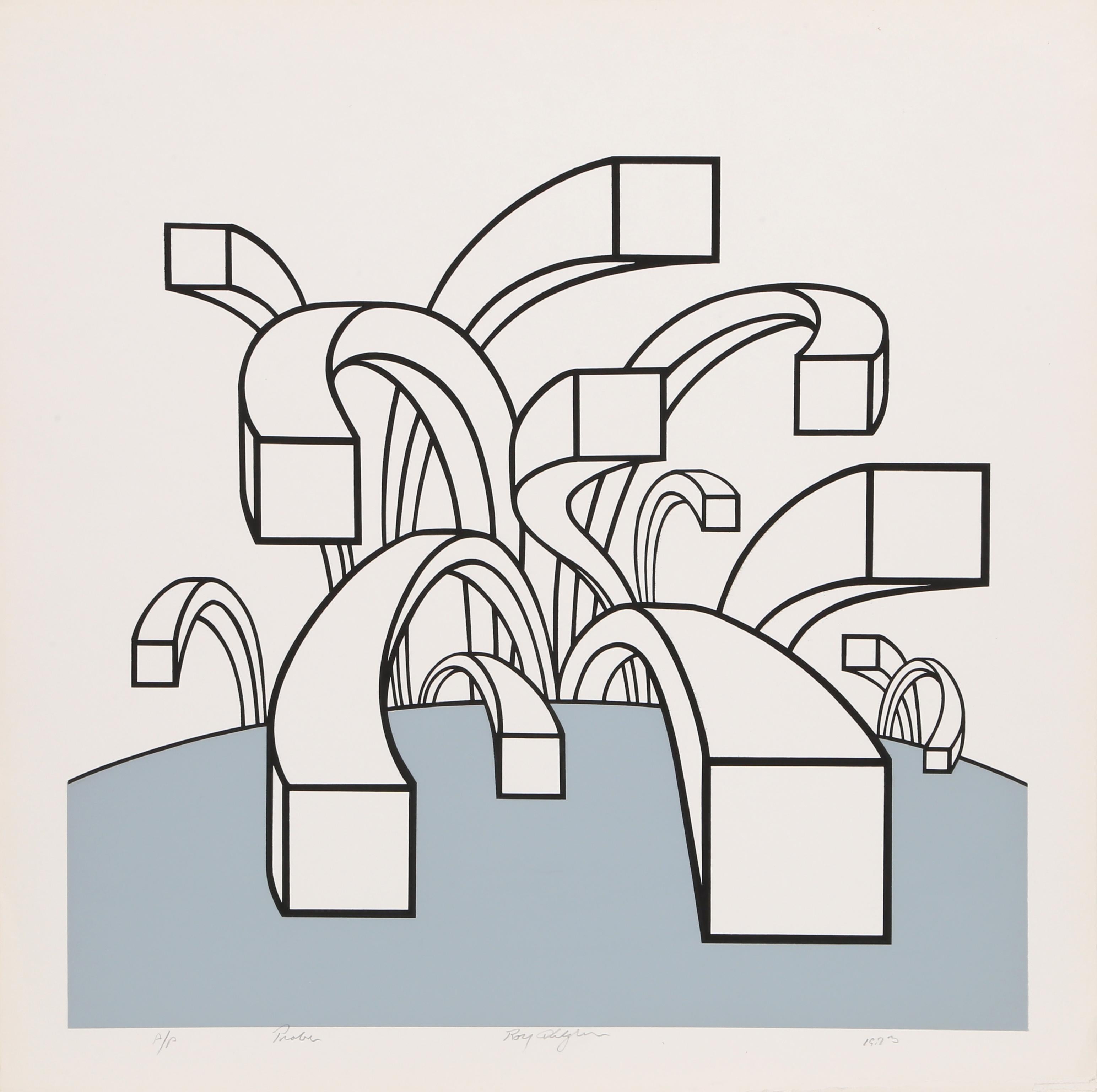 Artist: Roy Ahlgren, American (1927 - 2011)
Title: Probe
Year: 1973
Medium: Silkscreen, signed, titled and numbered in pencil
Edition: AP
Image Size: 17 x 17 inches
Size: 20 in. x 20 in. (50.8 cm x 50.8 cm)