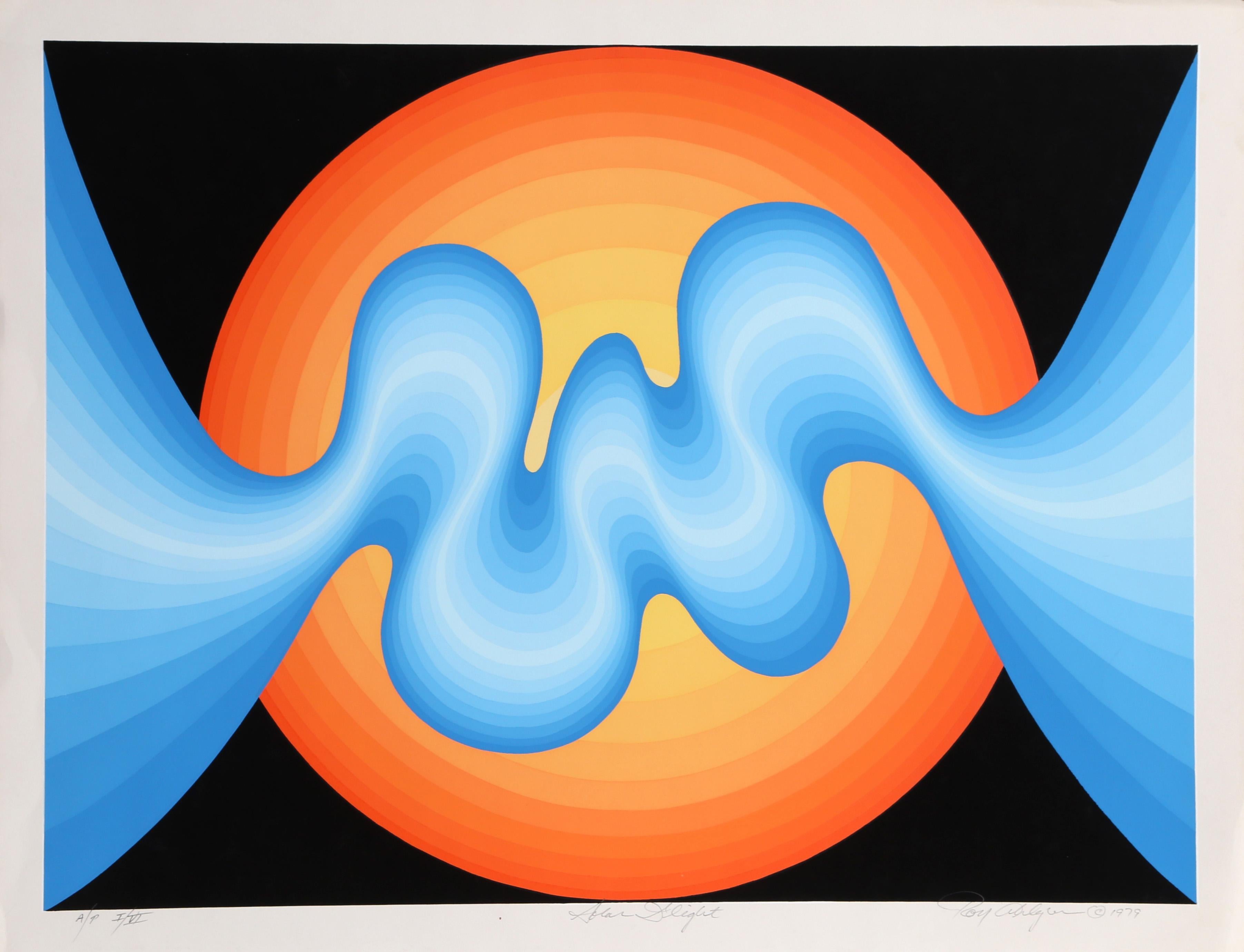 Artist: Roy Ahlgren, American (1927 - 2011)
Title: Solar D'Light
Year: 1979
Medium: Silkscreen, signed and numbered in pencil
Edition: AP VI
Image Size: 18 x 24 inches
Size: 20 x 26 in. (50.8 x 66.04 cm)