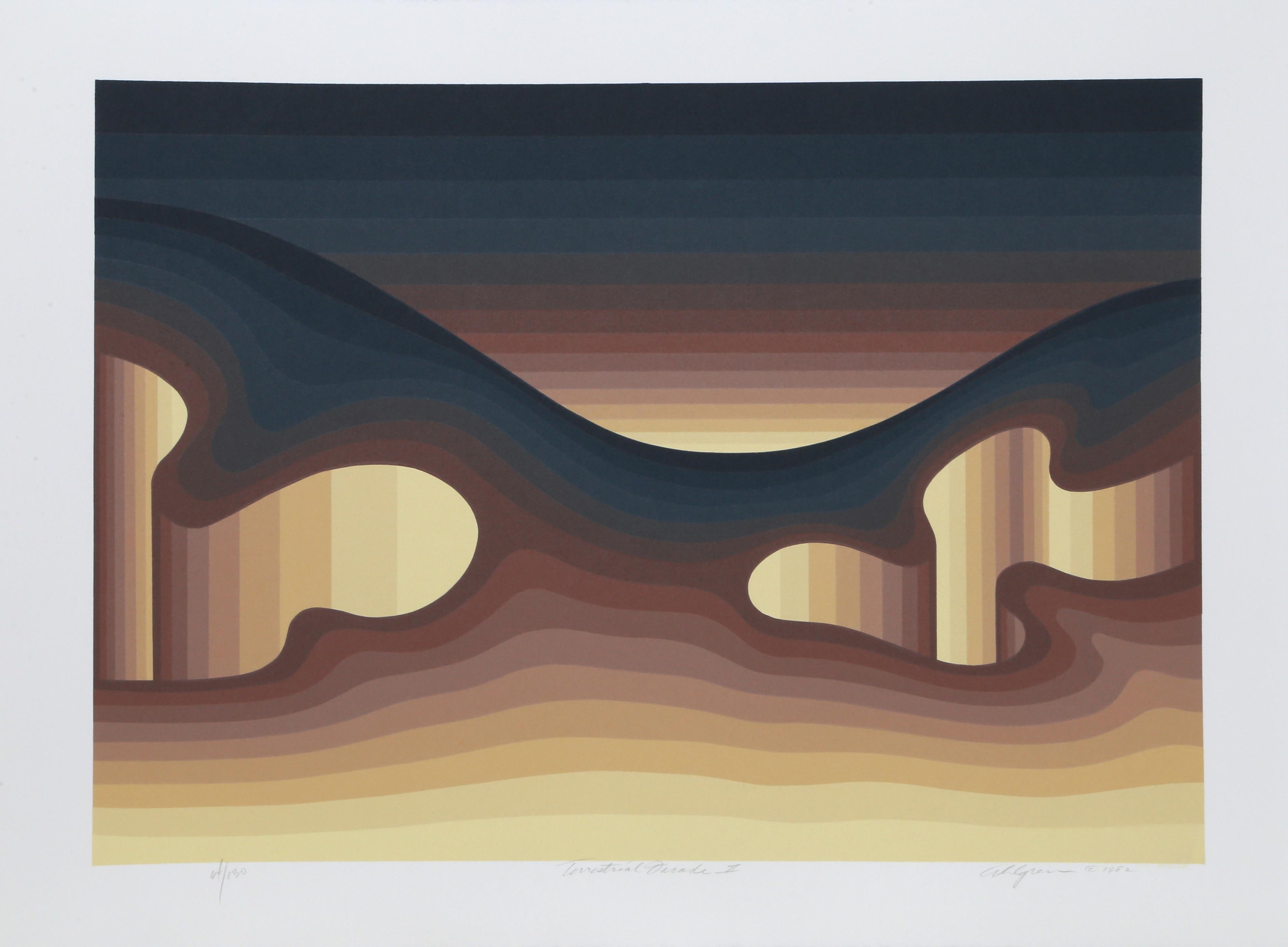 Artist: Roy Ahlgren, American (1927 - 2011)
Title: Terrestrial Facade II
Year: 1982
Medium: Serigraph, signed and numbered in pencil
Edition: 130
Image Size: 18 x 25.5 inches
Size: 22.5 x 30 in. (57.15 x 76.2 cm)