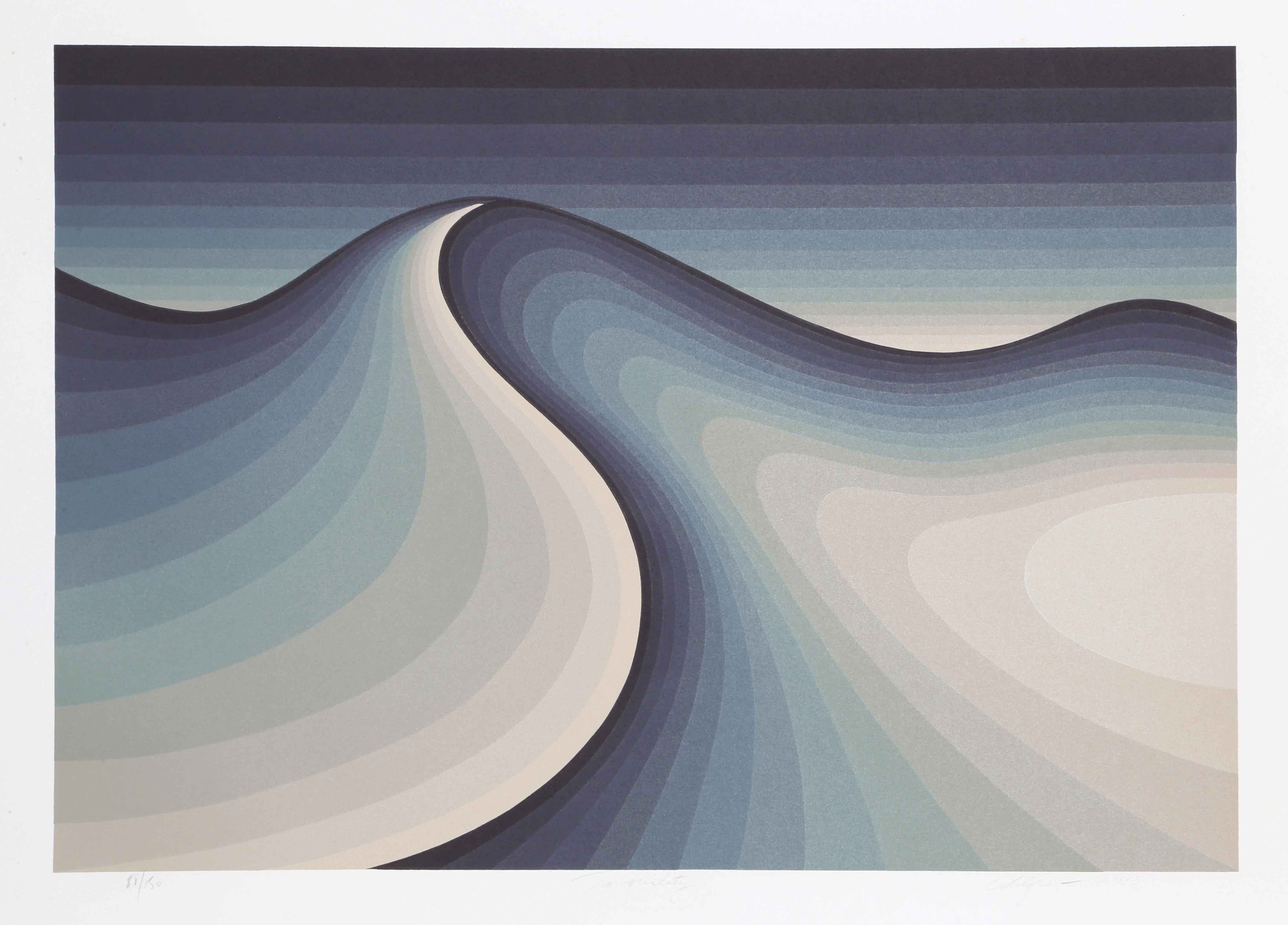 Artist: Roy Ahlgren, American (1927 - 2011)
Title: Tranquility
Year: 1983
Medium: Serigraph, signed and numbered in pencil
Edition: 150
Image Size: 18 x 25.5 inches
Size: 22 x 29.5 in. (55.88 x 74.93 cm)