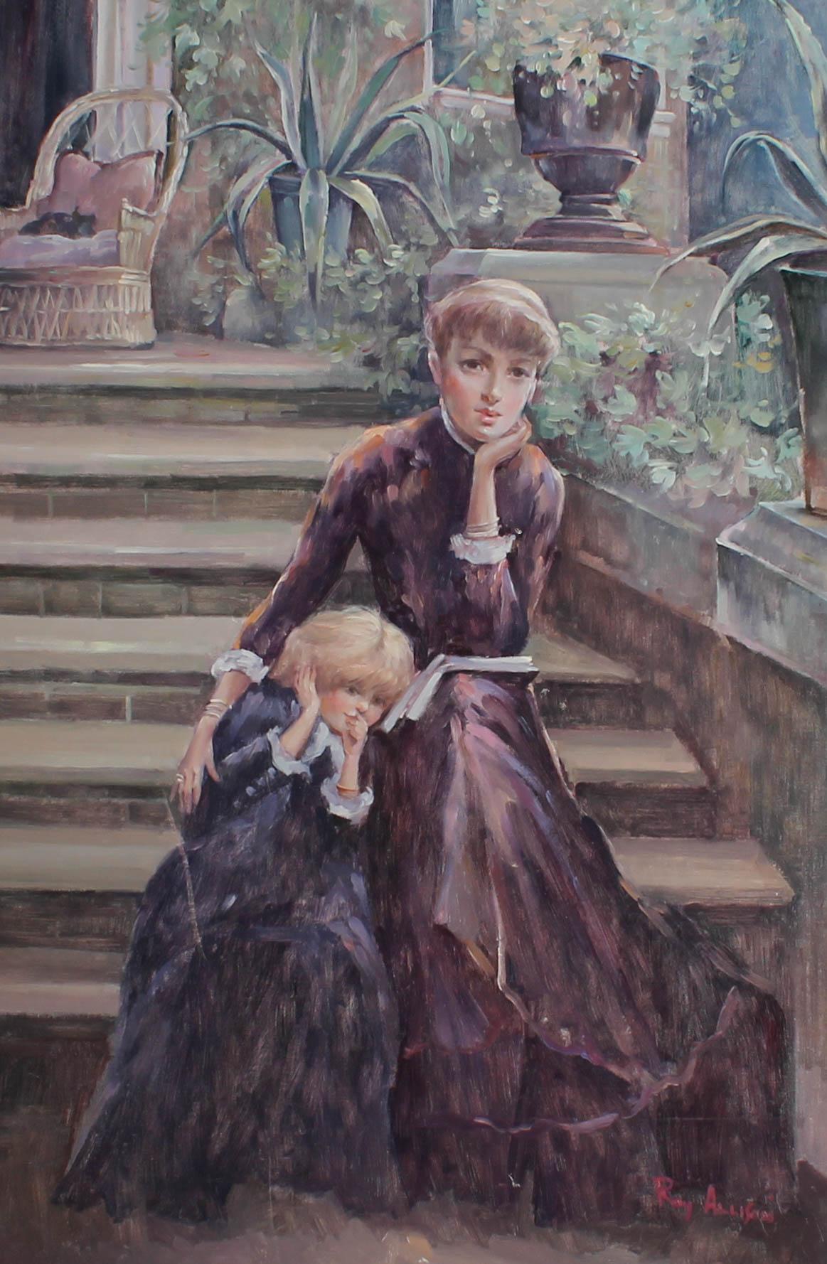 A striking 20th Century portrait, likely after one of the early Impressionists as the artist is known for his copies of paintings from this movement, particularly those of Renoir and Manet. The scene shows a beautiful young mother in an elegant