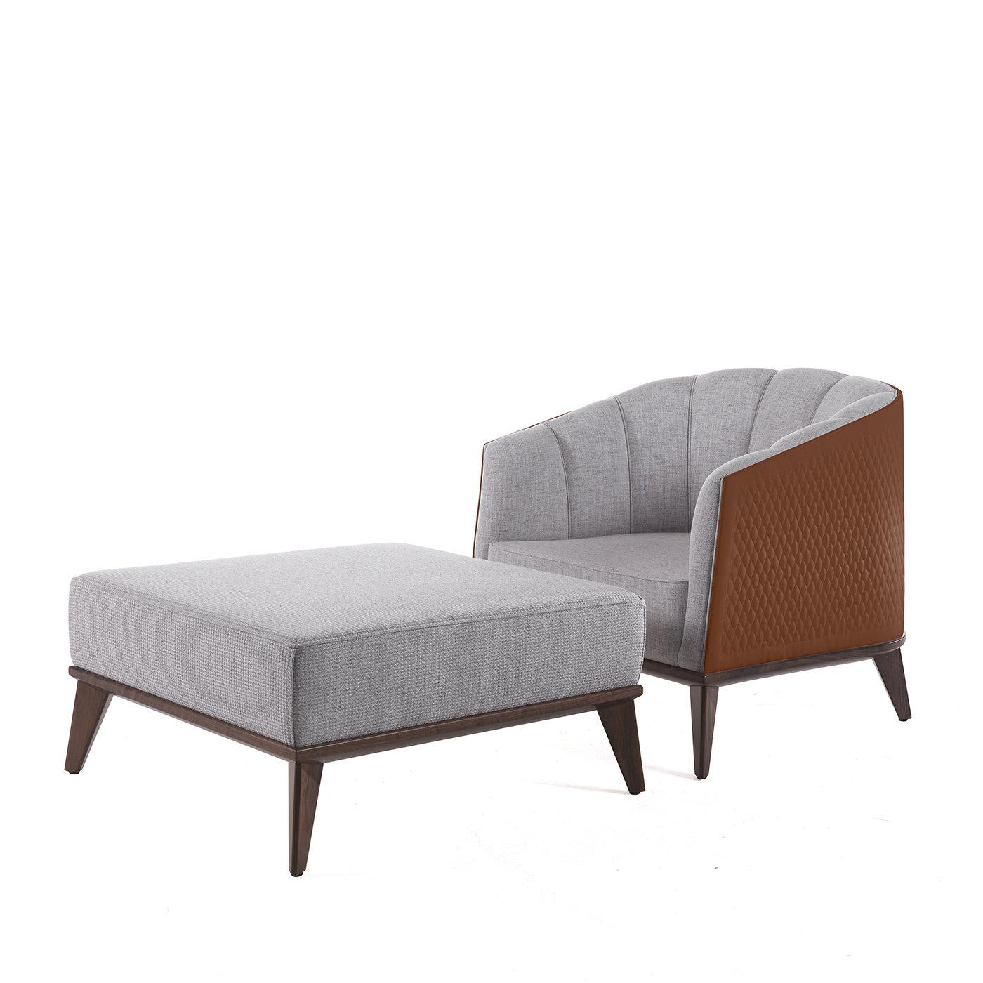 Part of the Roy Collection which includes a 3- and 2-seater sofa and an ottoman, this armchair epitomizes modern sophistication. Detailed with diamond-embroidered brown leather on the external back, the seat is upholstered in heather gray fabric