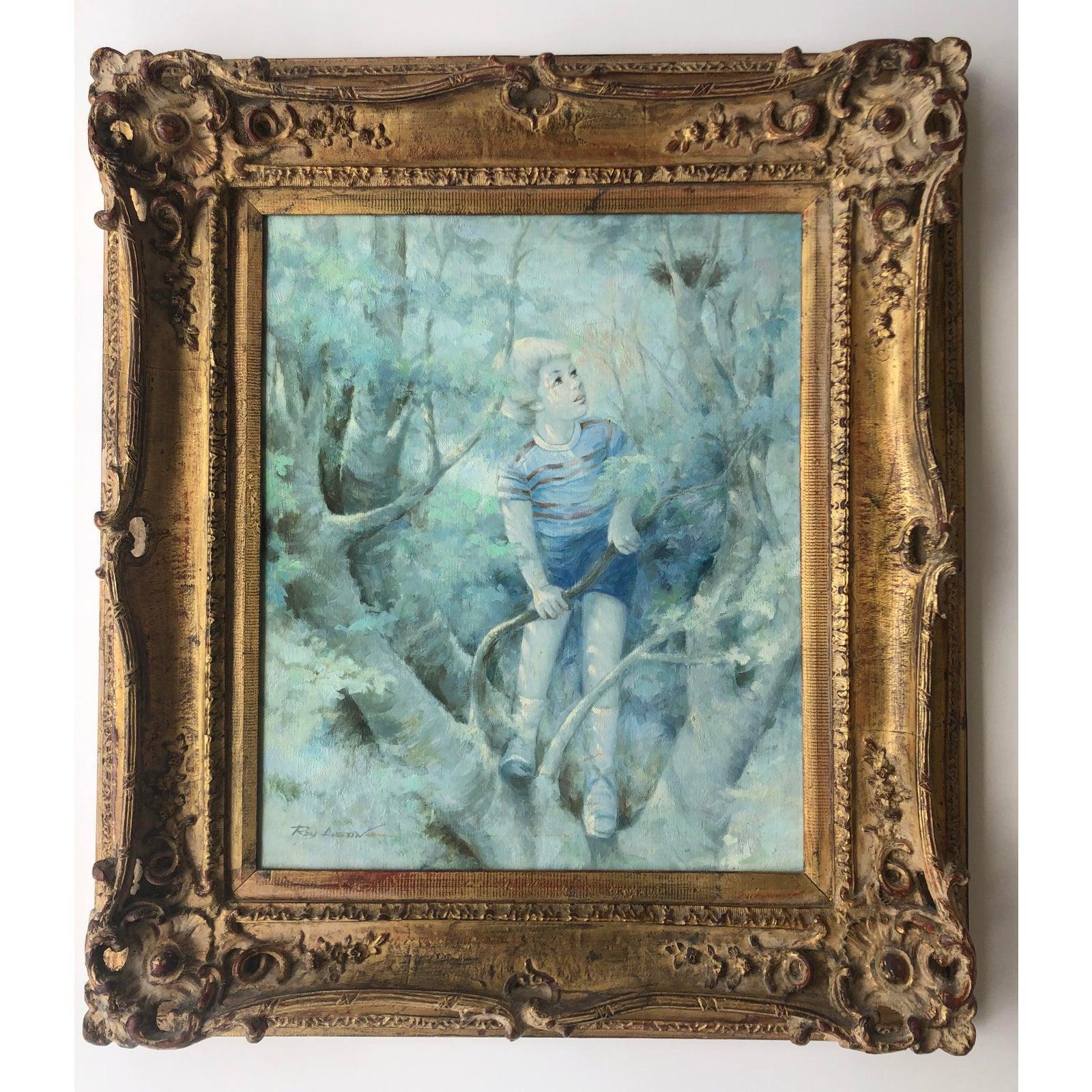 Boy Climbing Tree, Ölgemälde (Blau), Landscape Painting, von Roy Austin 