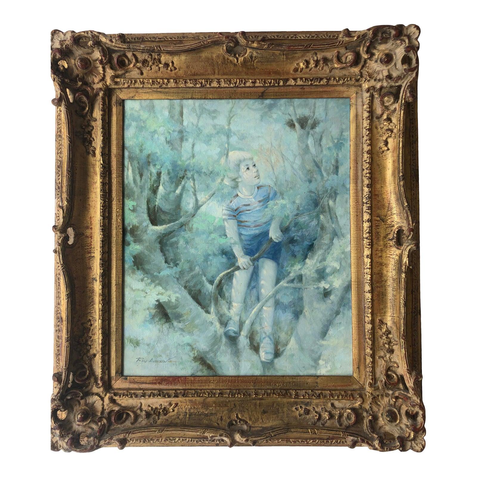 Junge klettert auf Baum. 
Künstler signiert, Leinwandgröße 24x20 mit Rahmen 35x30

Roy Austin (Kanadier, 1910-1997) Öl auf Leinwand mit der Darstellung eines Jungen, der auf einen Baum klettert und ein Vogelnest betrachtet, in hellblauen und grünen