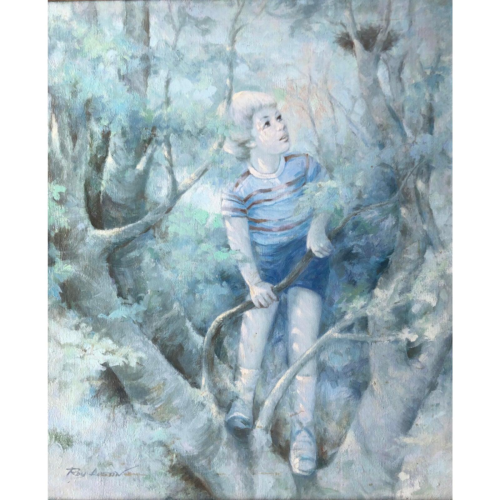 Boy Climbing Tree, Ölgemälde – Painting von Roy Austin 
