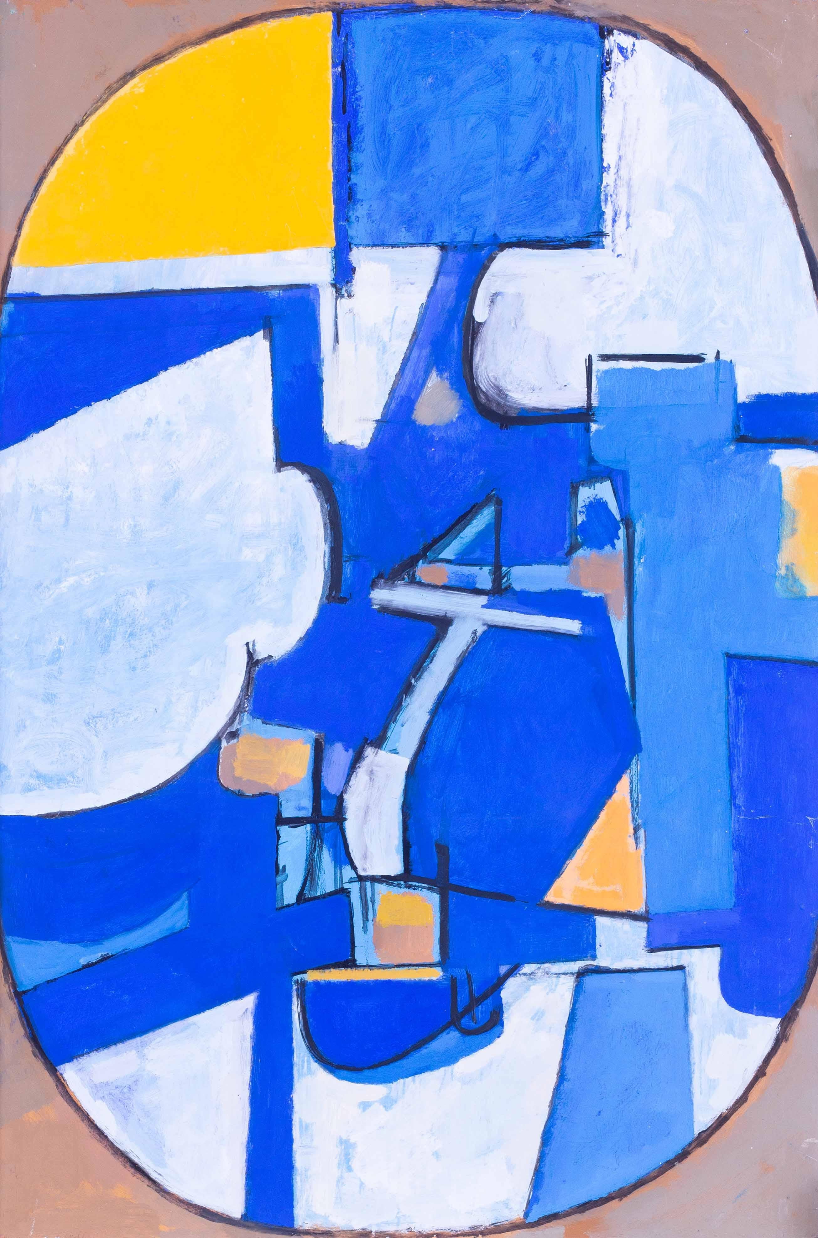 British 20th Century abstract painting in yellow and blue - Painting by Roy Bizley