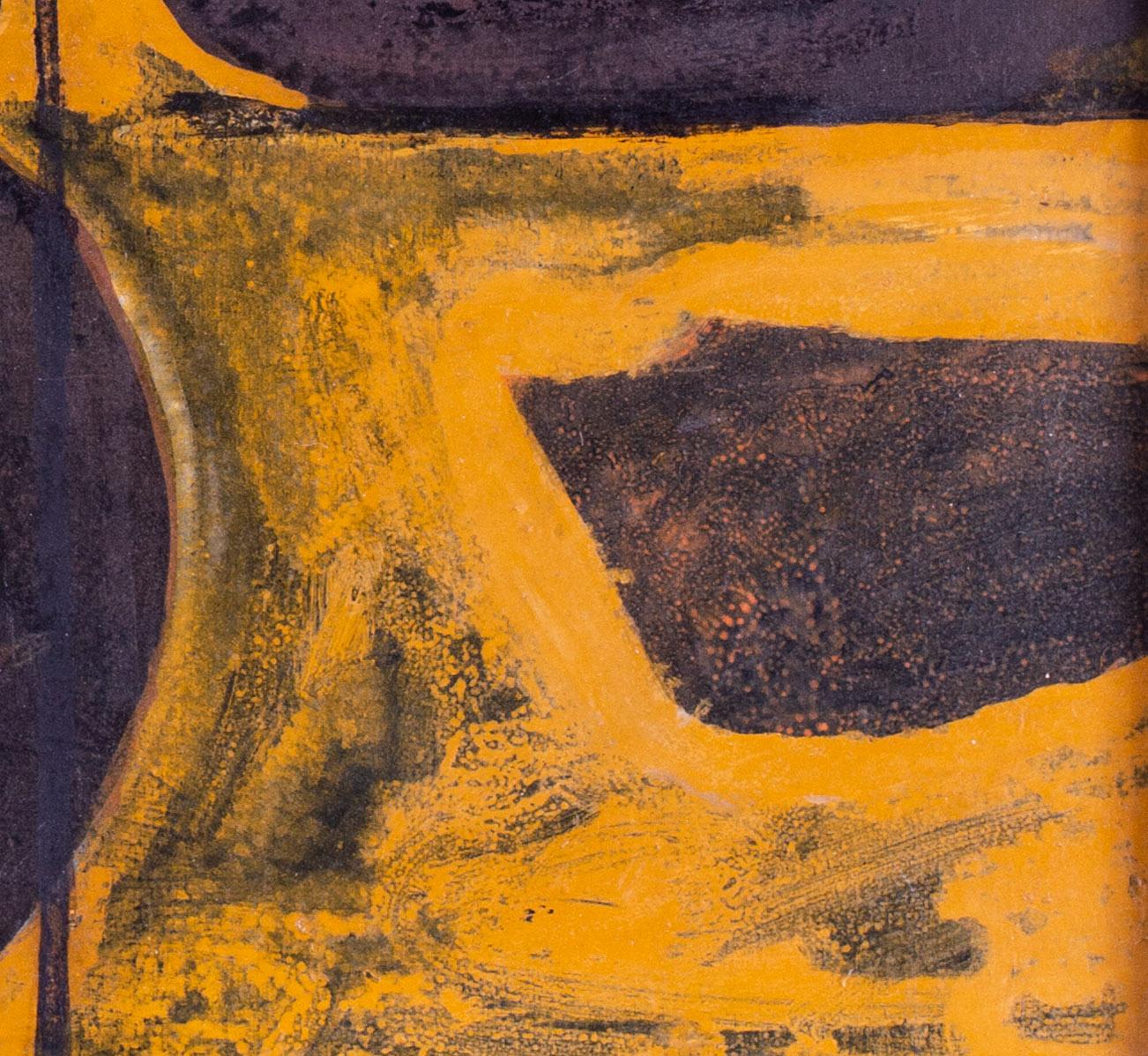British 20th Century oil on board abstract painting with yellows 'autumnal forms - Black Abstract Painting by Roy Bizley