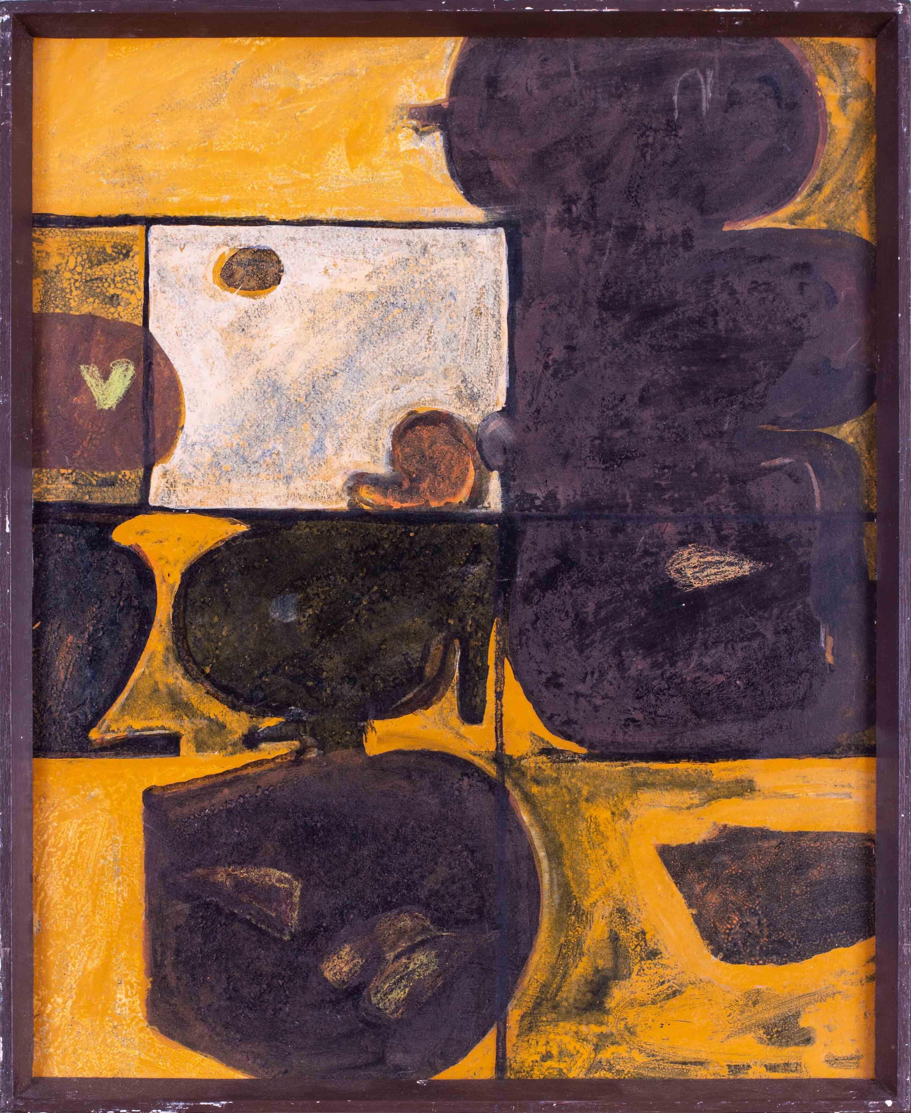 Roy Bizley Abstract Painting - British 20th Century oil on board abstract painting with yellows 'autumnal forms