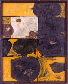 British 20th Century oil on board abstract painting with yellows 'autumnal forms
