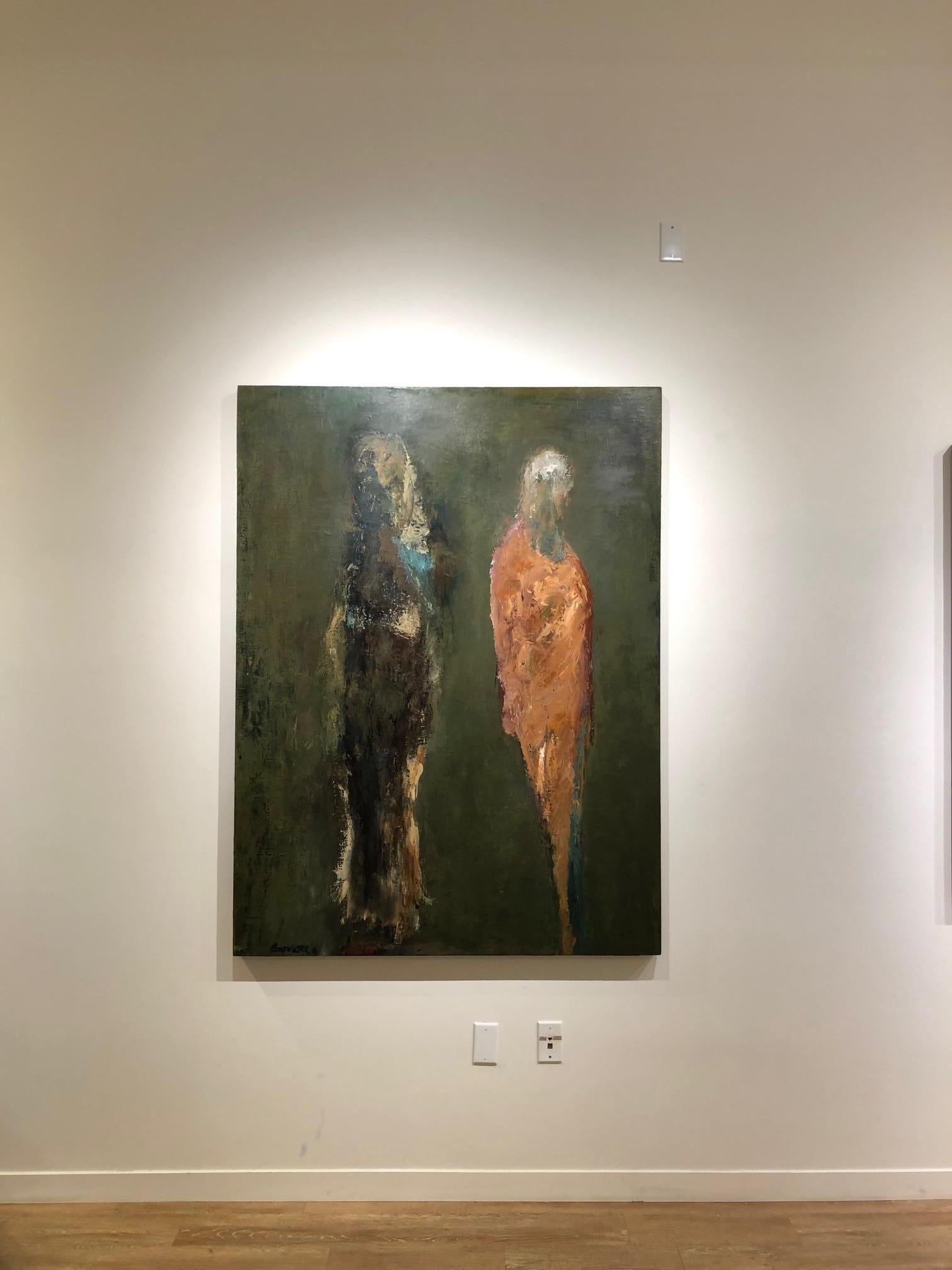 Provocative and haunting figurative work painted in olive green with gold and touches of black with ivory, from artist Roy Borrone, who is associated with the California Bay Area figurative movement. Rich in feel, with the haunting elegance that is