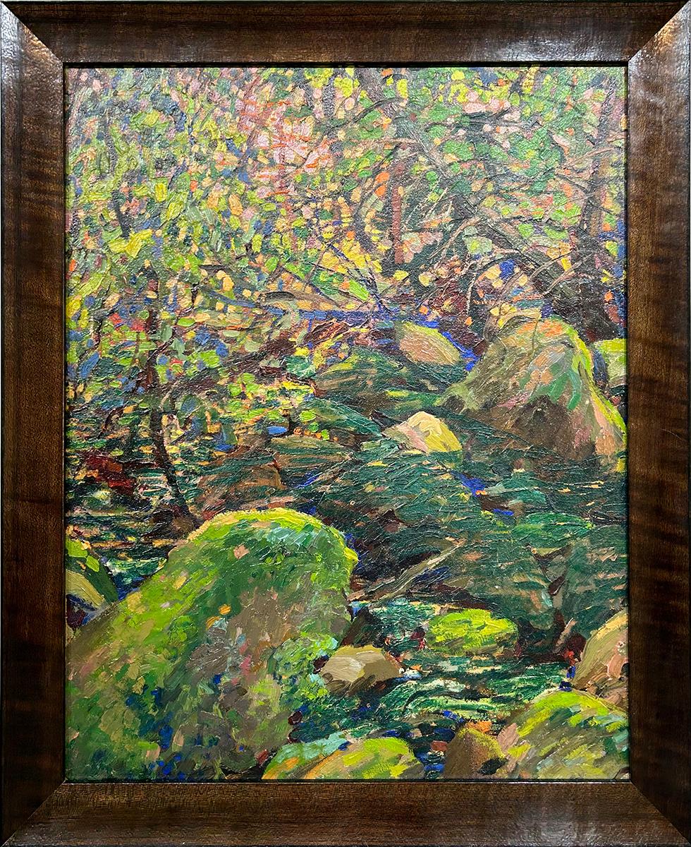 Stream with Rocks, American Impressionist Summer Landscape, Oil on Board - Painting by Roy C. Kneeland