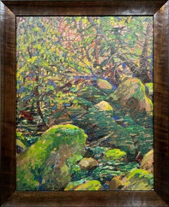 Arroyo con rocas, paisaje estival impresionista americano, óleo sobre tabla
