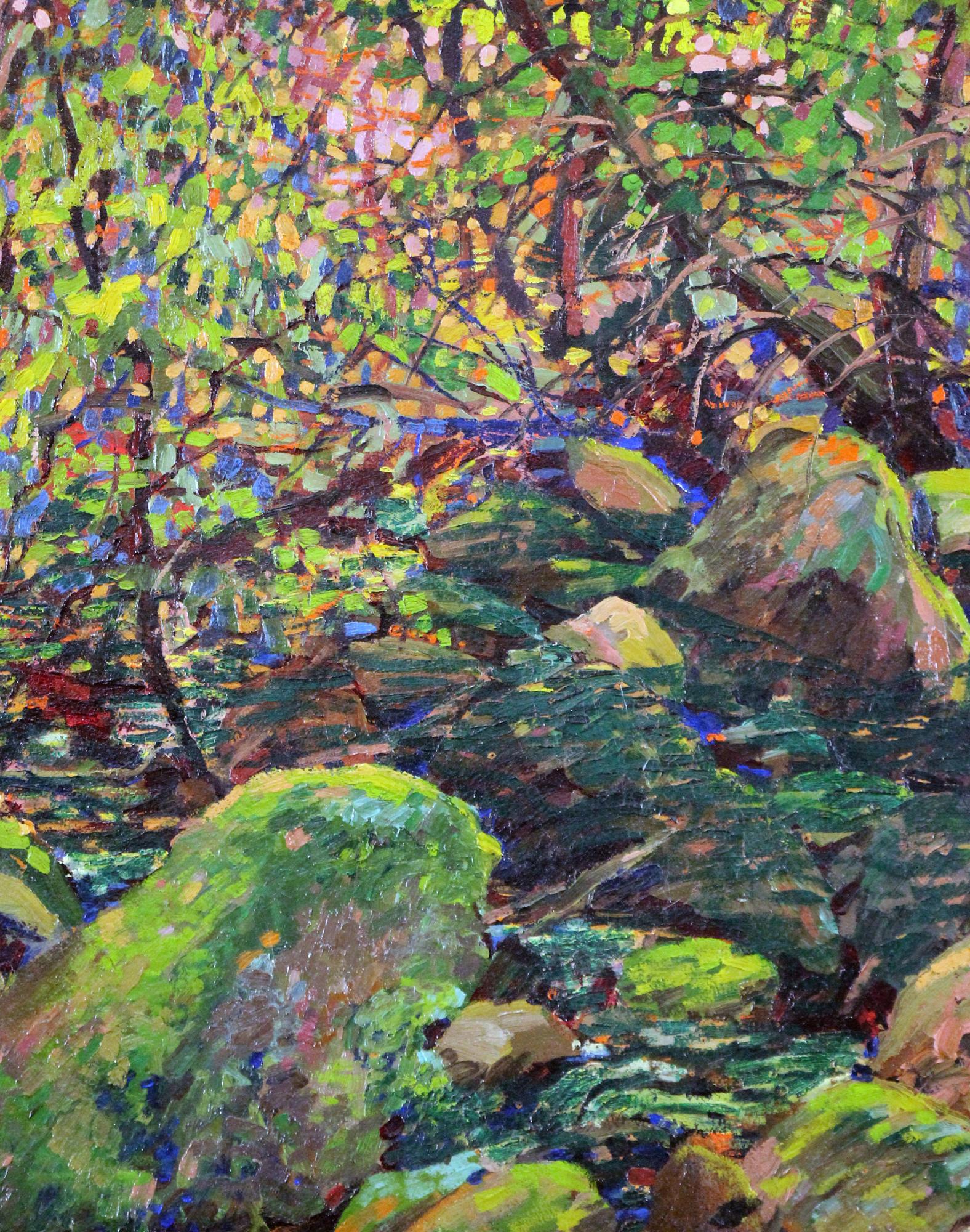 Landscape Painting de Roy C. Kneeland - Arroyo con rocas, paisaje estival impresionista americano, óleo sobre tabla
