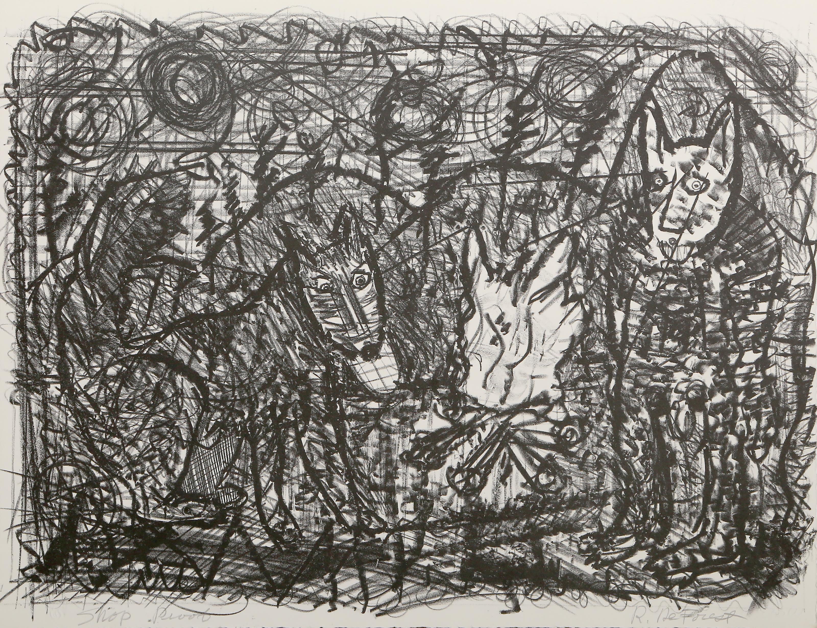 Chiens au feu de camp, lithographie surréaliste de Roy De Forest