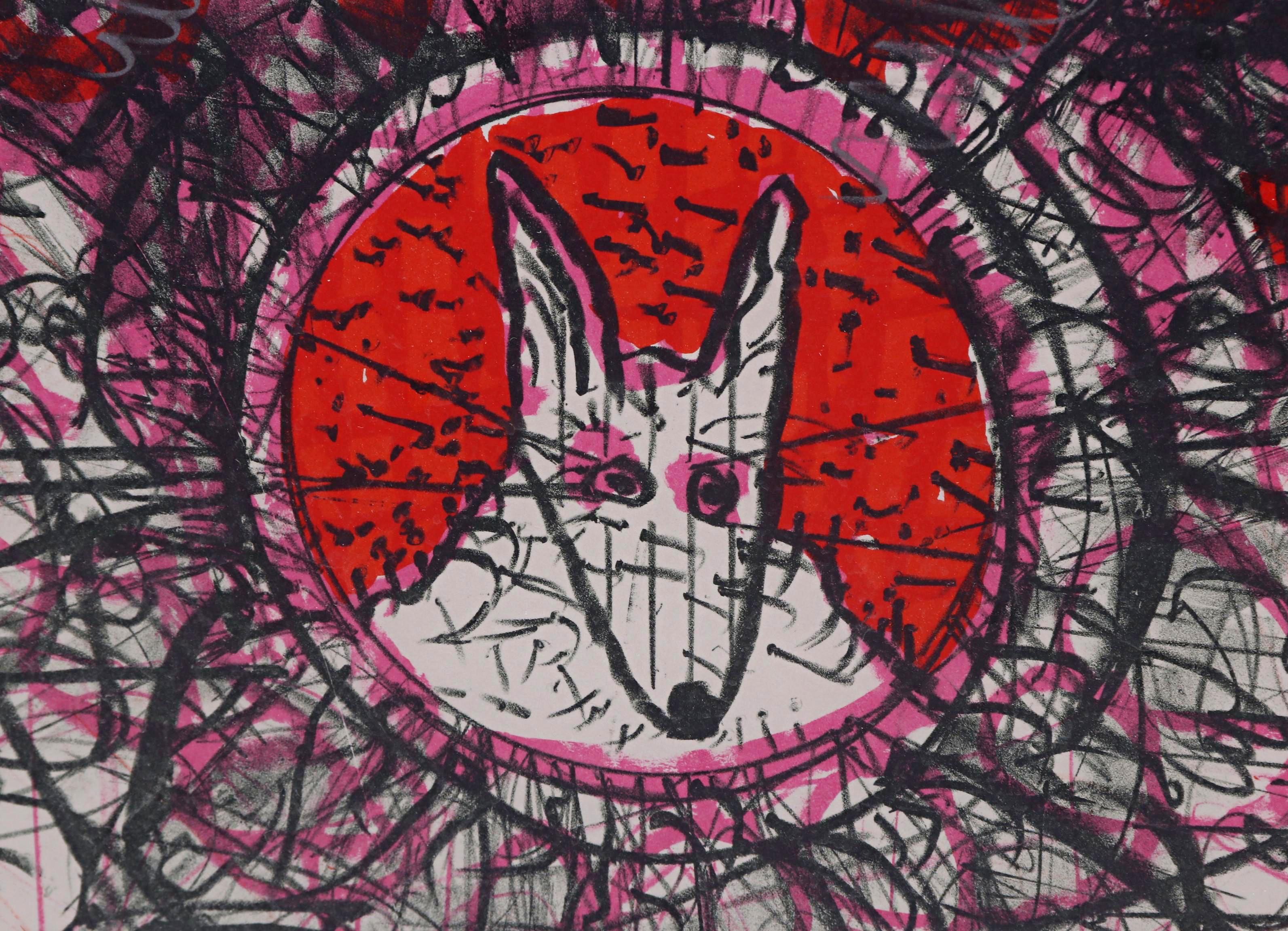 Roy De Forest
Sans titre (chien), 1981
Lithographie en couleur avec des bordures en relief. Flotté et encadré.
Crayon signé et numéroté de l'édition de 125 exemplaires
Cadre inclus : maintenu dans le cadre blanc vintage d'origine 
Merveilleuse