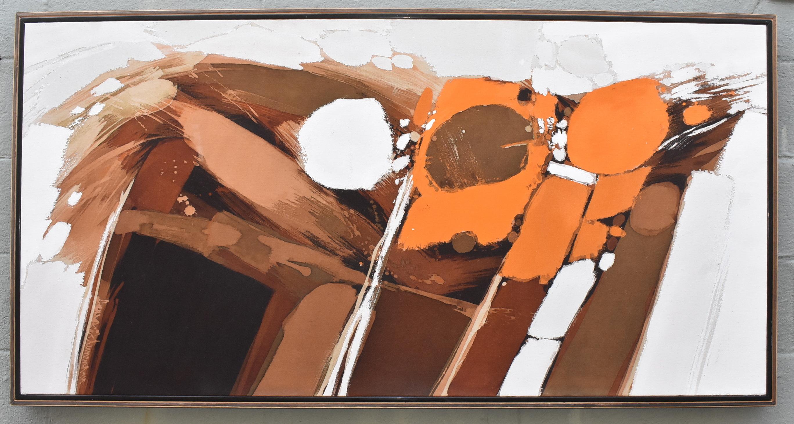 Kühnes abstraktes Ölgemälde auf Leinwand von Roy Fleming. Farbpalette der 1970er Jahre: Braun, Orange, Hellbraun und Schwarz. Signiert in der Kunst durch den Künstler. Datiert 1974. Ausgezeichneter Zustand mit dem Originalrahmen. 62