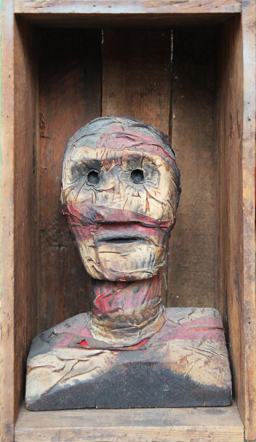 Roy Fridge Figurative Sculpture - Modern Texas Mixed Media Sculpture of a Mummified Portrait Bust in a Box / Crate