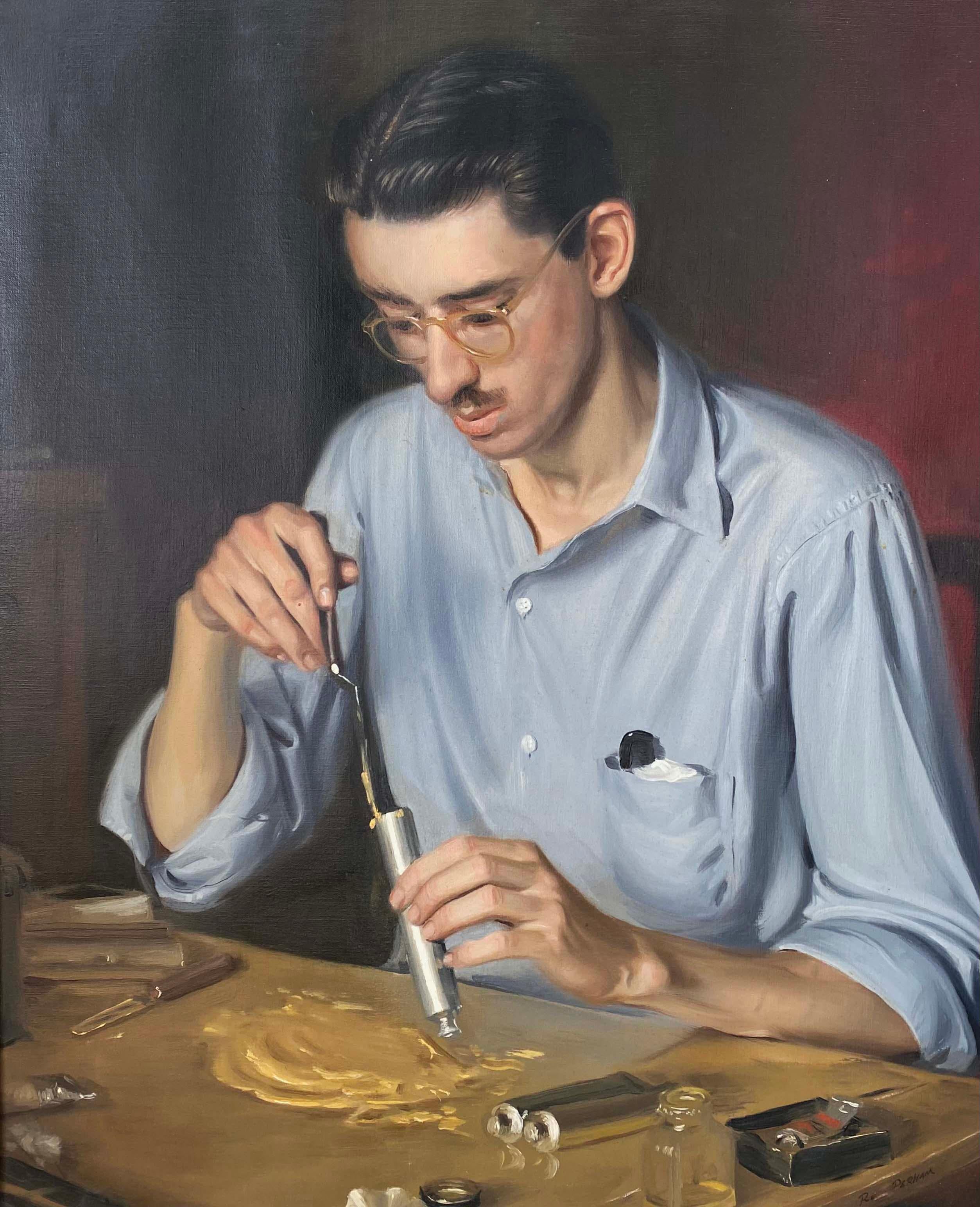 Roy Gates Perham Jr.  Portrait Painting - SELF PORTRAIT, MIXING PAINT