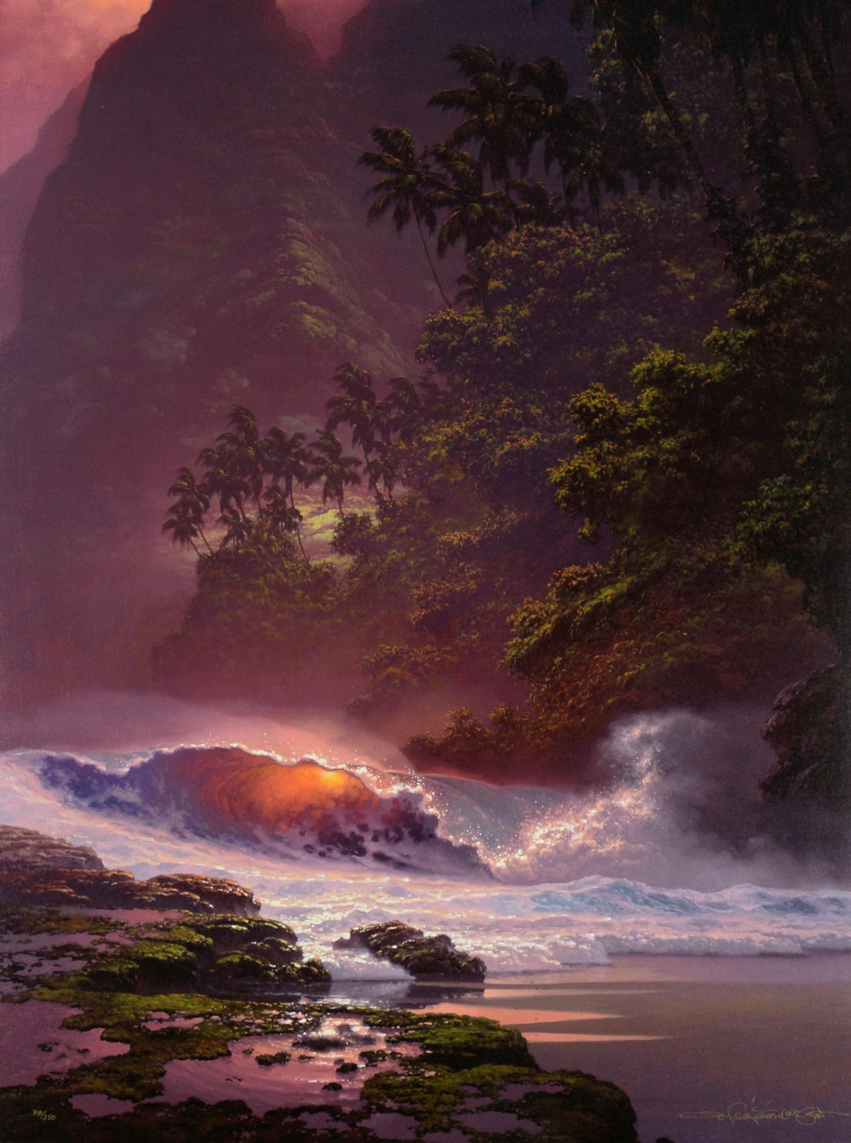 « Only a Dream Away », paysage hawaïen augmenté à la main sur toile de giclée dans un cadre Koa - Print de Roy Gonzalez Tabora