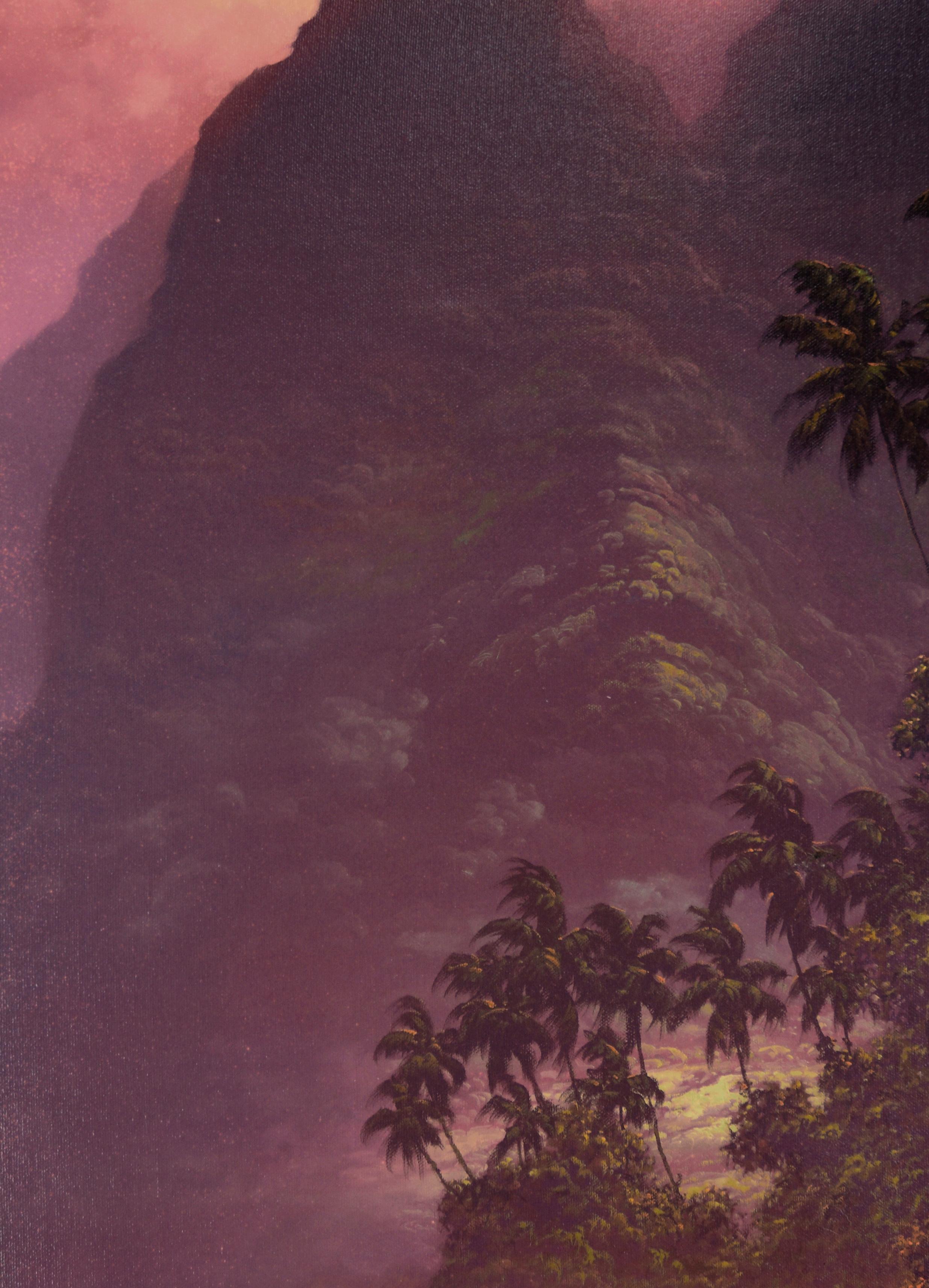 « Only a Dream Away », paysage hawaïen augmenté à la main sur toile de giclée dans un cadre Koa - Romantique Print par Roy Gonzalez Tabora