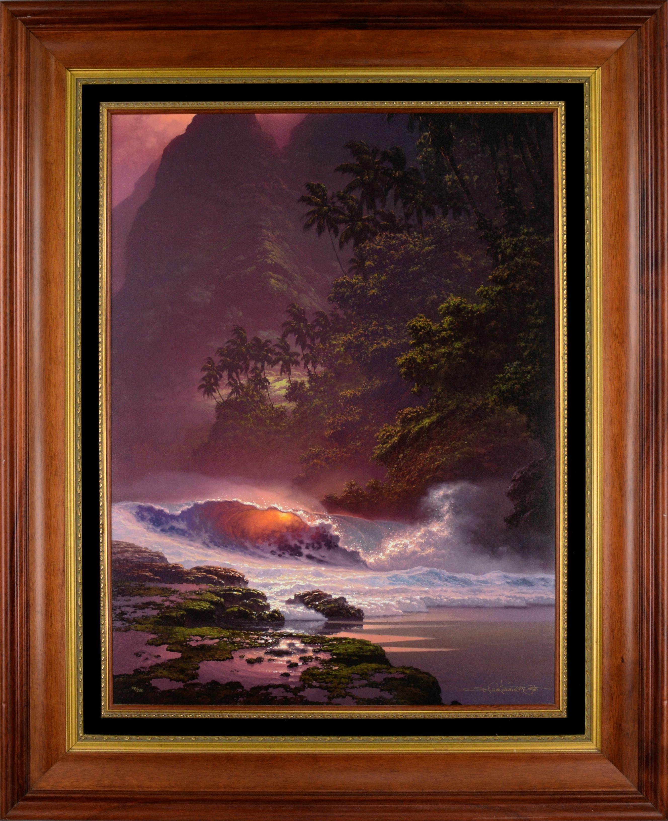 Landscape Print Roy Gonzalez Tabora - « Only a Dream Away », paysage hawaïen augmenté à la main sur toile de giclée dans un cadre Koa