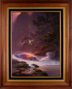 Vintage "Only a Dream Away" Hawaiian Landscape Hand-Augmented Giclee Canvas in Koa Frame