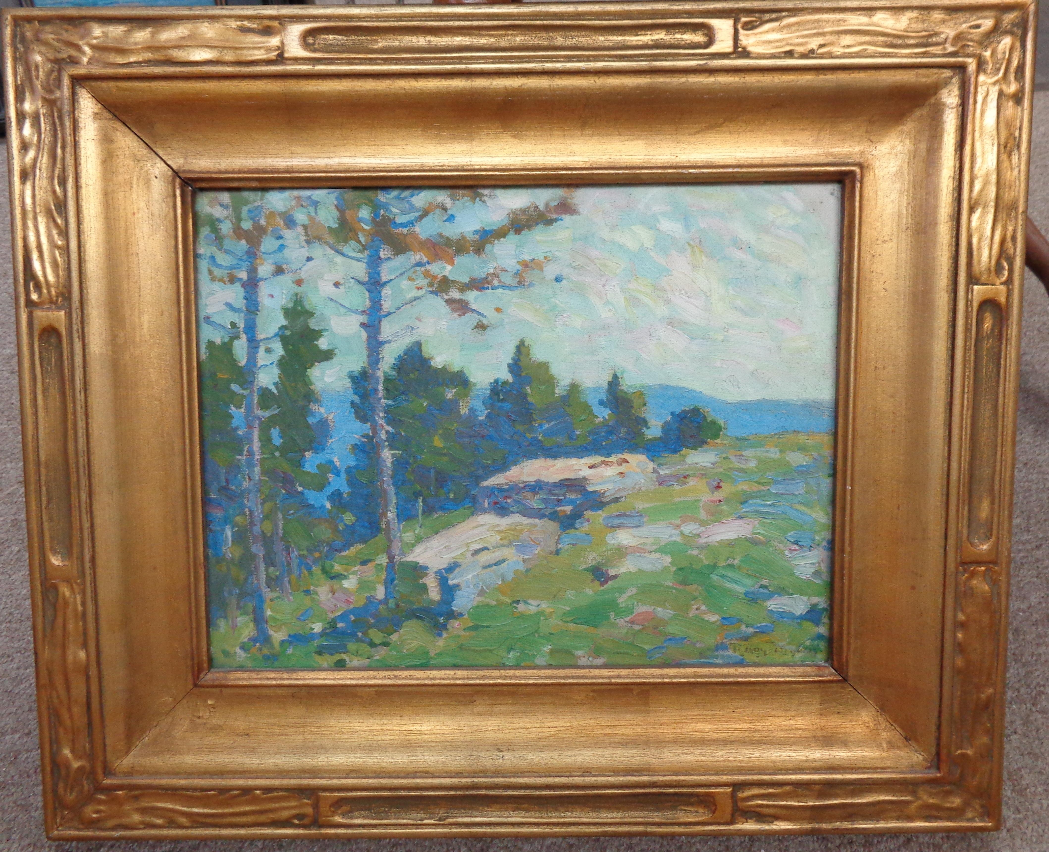 Un paysage de montagne à flanc de colline peinture à l'huile sur panneau par l'artiste Roy Henry Brown possible scène de l'Ouest. La peinture est sous verre. L'image mesure à vue 10 x 13 et 16,75 x 19,75 encadrée telle quelle. Le tableau est très