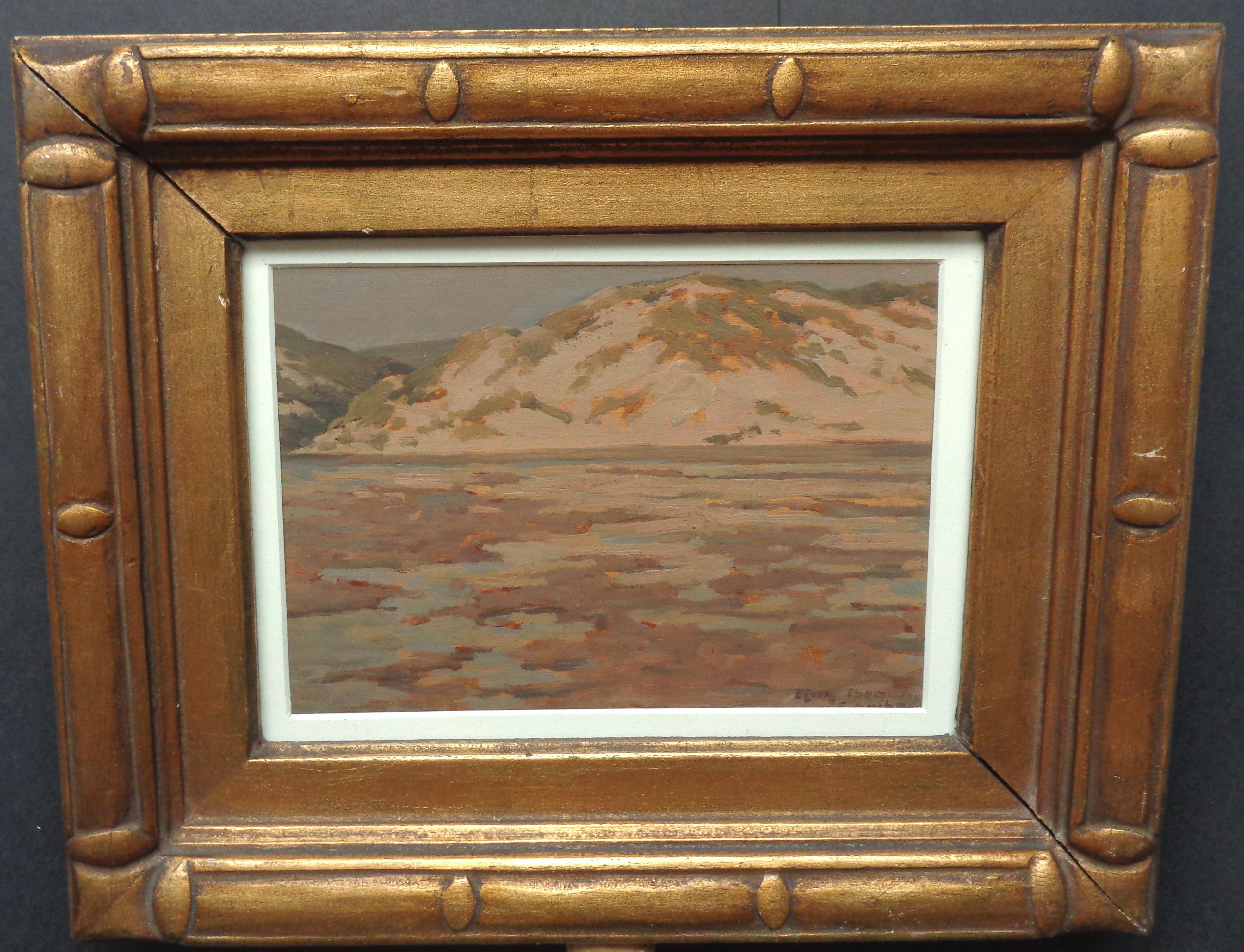 An oil painting on panel by artist Roy Henry Brown possible western scene. Painting is under glass. The image measures sight size 5 x 7.25 and 10.25 x 12.50 framed as is. The painting looks very clean in original frame that shows age and wear with a