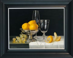 Silver Bowl with Lemons and Grapes - contemporary still life realist oil paint