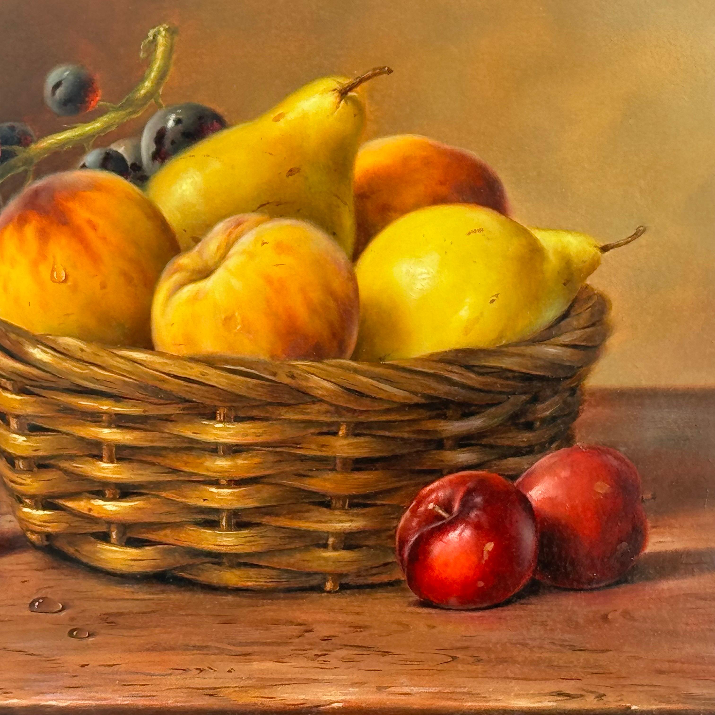 Still Life with Fruit in Basket - Vintage Oil in Ornate Frame by British Artist For Sale 5