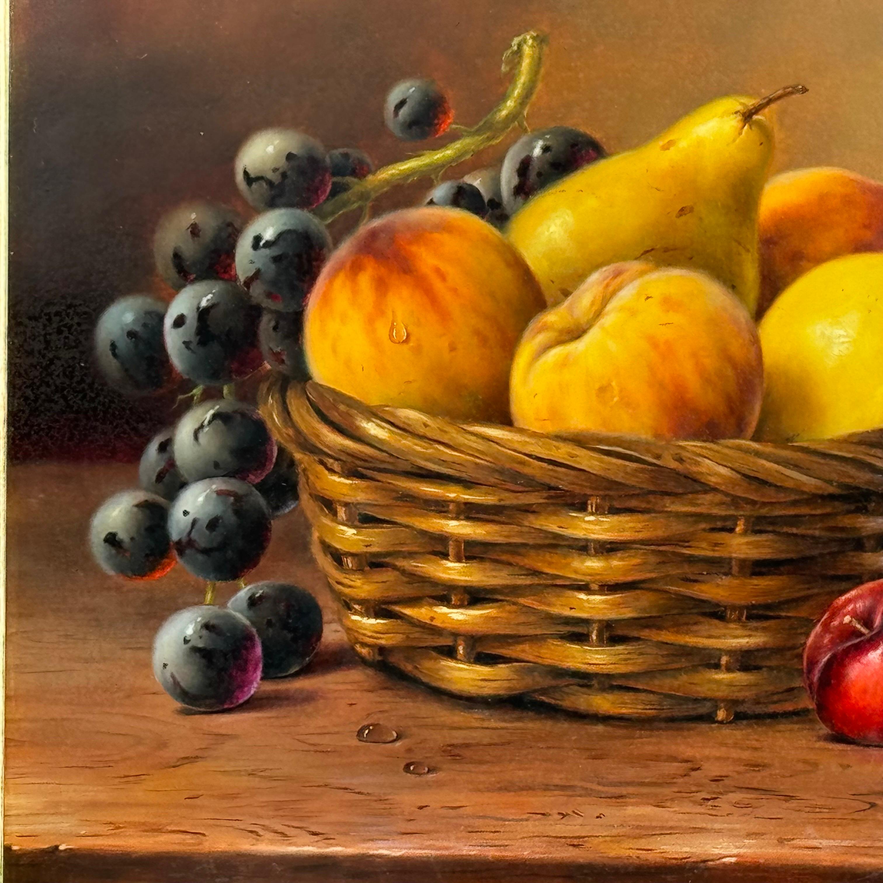 Still Life with Fruit in Basket - Vintage Oil in Ornate Frame by British Artist For Sale 6