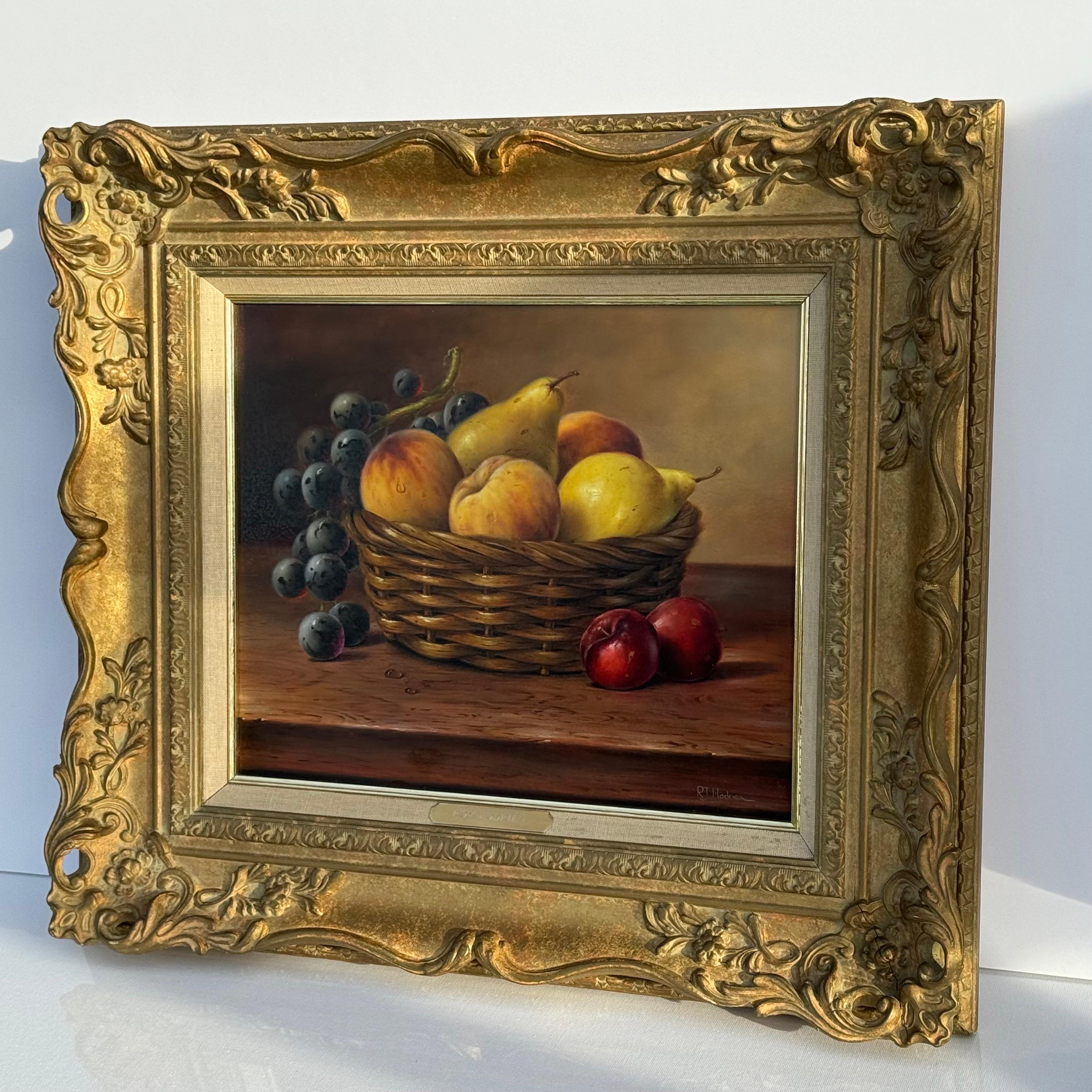 Still Life with Fruit in Basket - Vintage Oil in Ornate Frame by British Artist For Sale 7