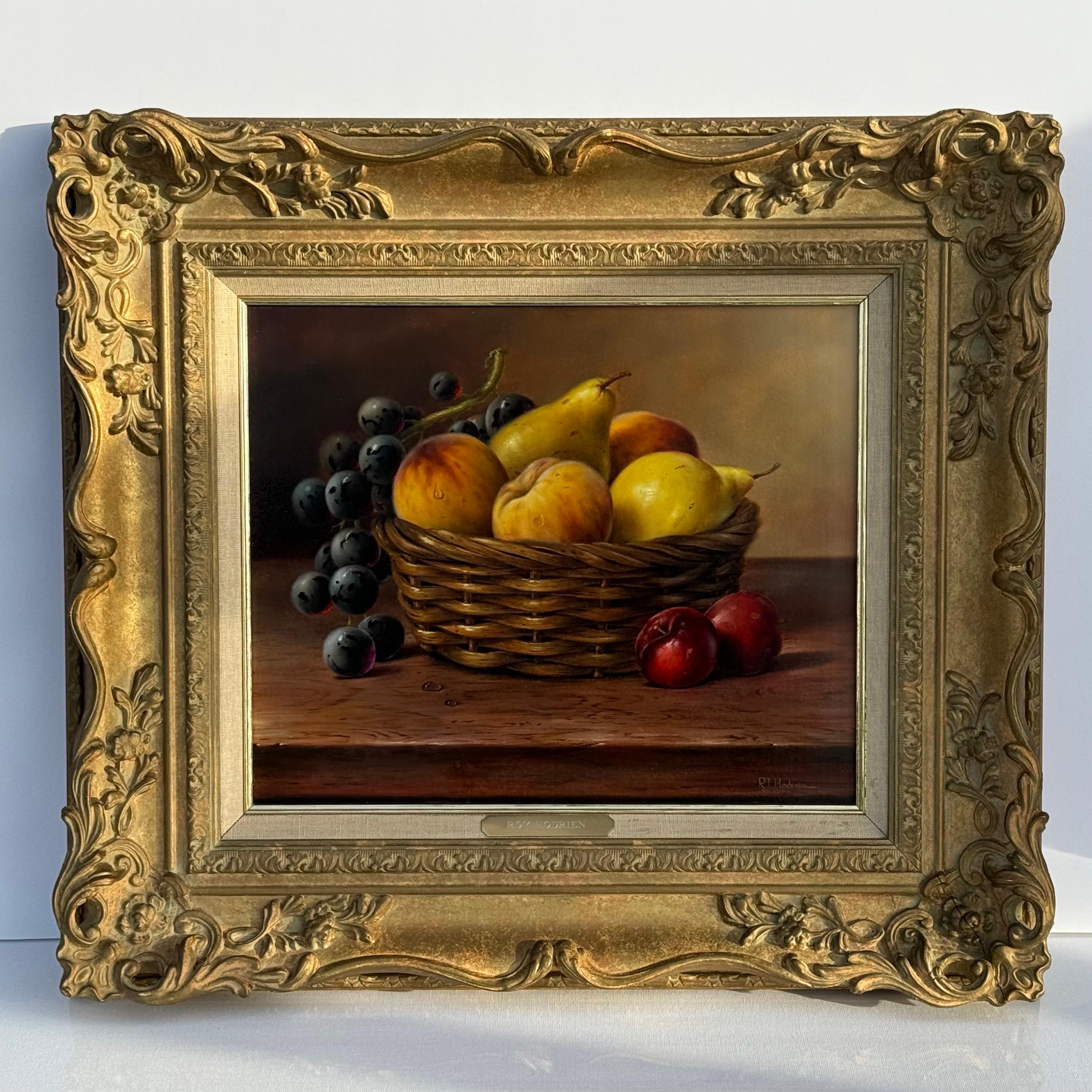 Still Life with Fruit in Basket - Vintage Oil in Ornate Frame by British Artist - Painting by Roy Hodrien