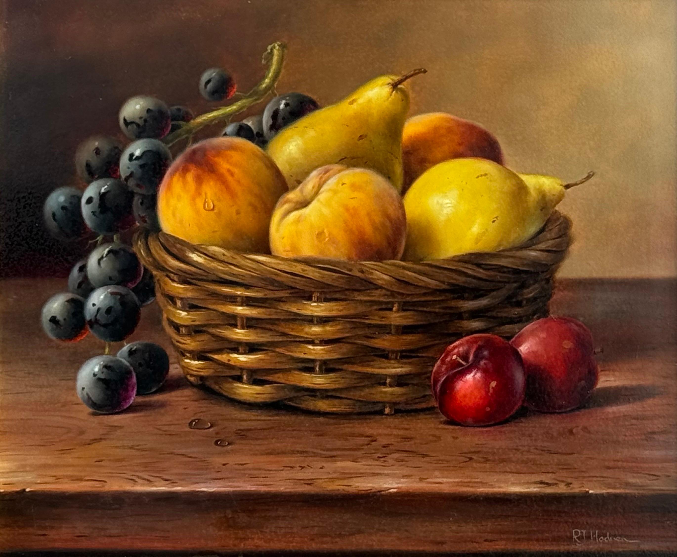 Still Life with Fruit in Basket - Vintage Oil in Ornate Frame by British Artist - Realist Painting by Roy Hodrien